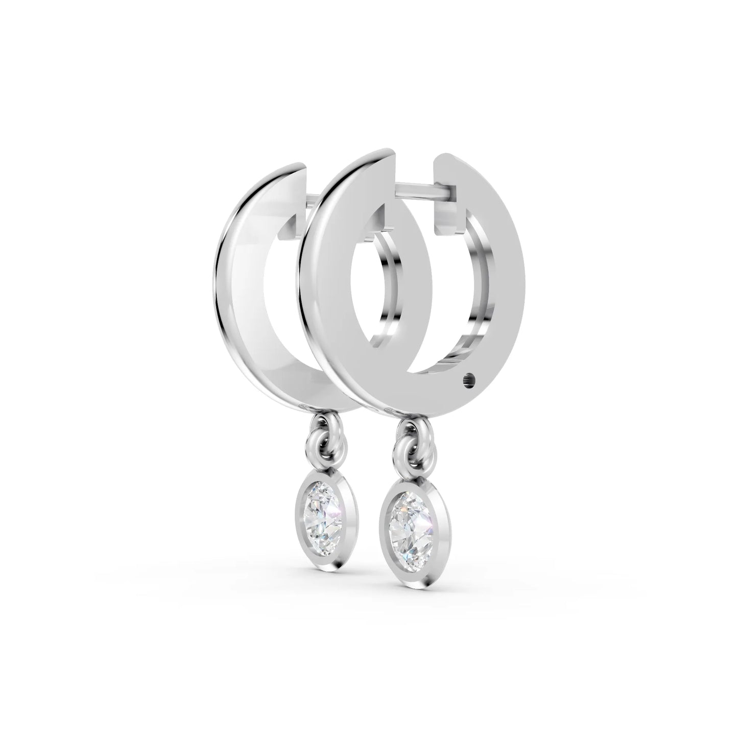 14K Gold Round Cut Diamond Knife-Edge Bezel Drop Huggie Hoop Earring