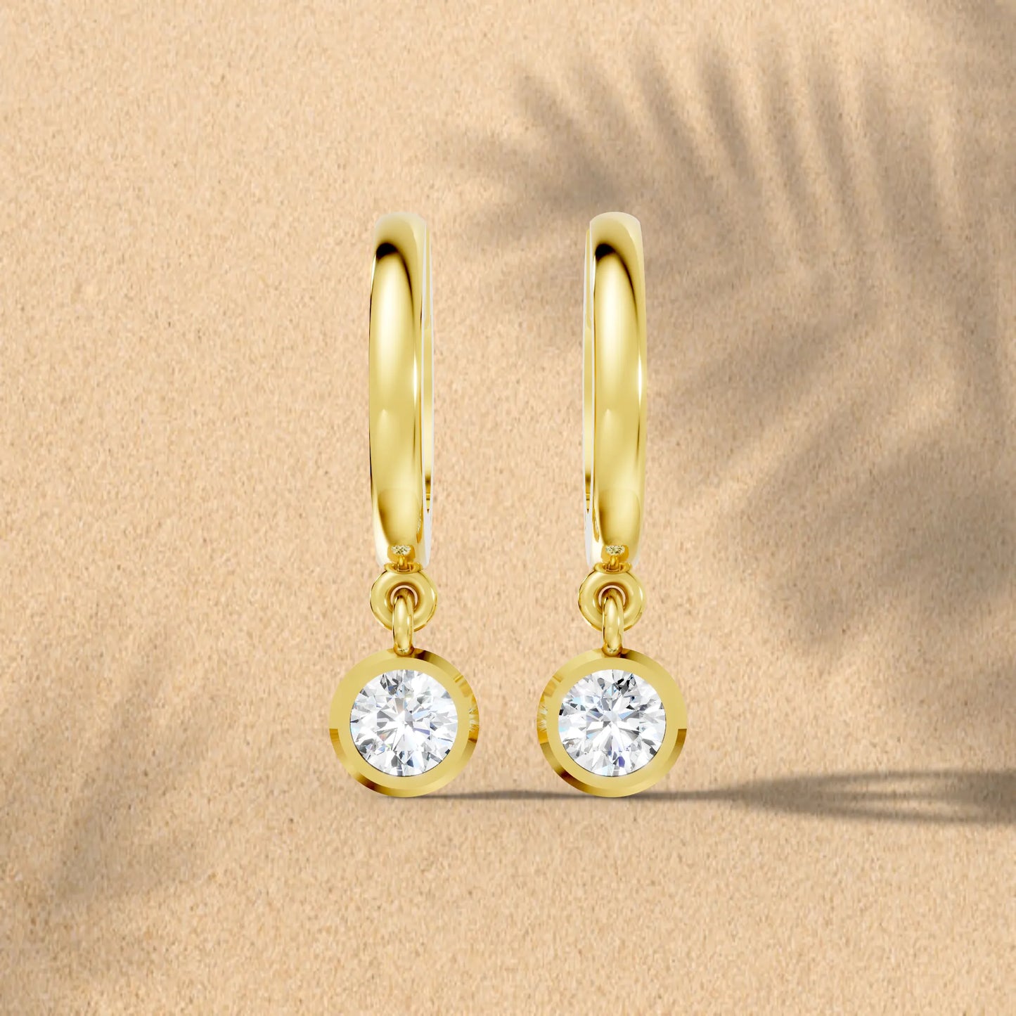 14K Gold Round Cut Diamond Knife-Edge Bezel Drop Huggie Hoop Earring