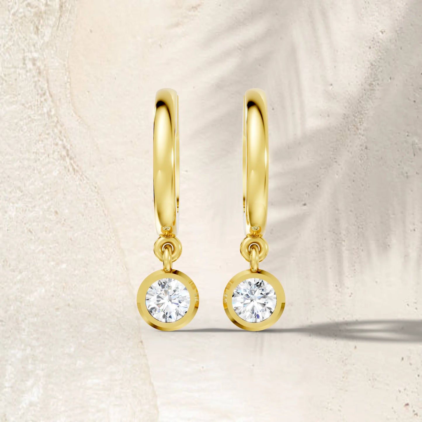 14K Gold Round Cut Diamond Knife-Edge Bezel Drop Huggie Hoop Earring