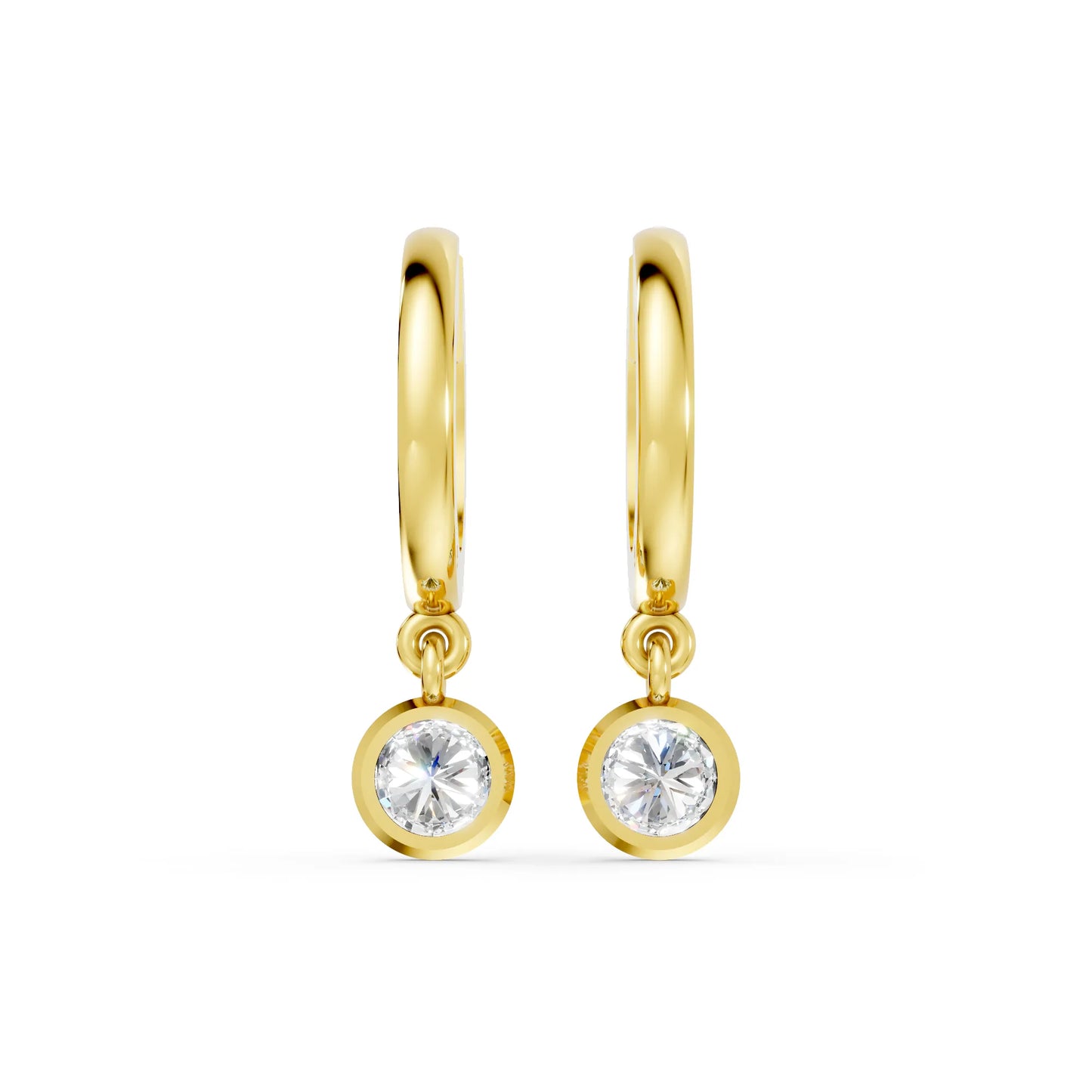14K Gold Round Cut Diamond Knife-Edge Bezel Drop Huggie Hoop Earring