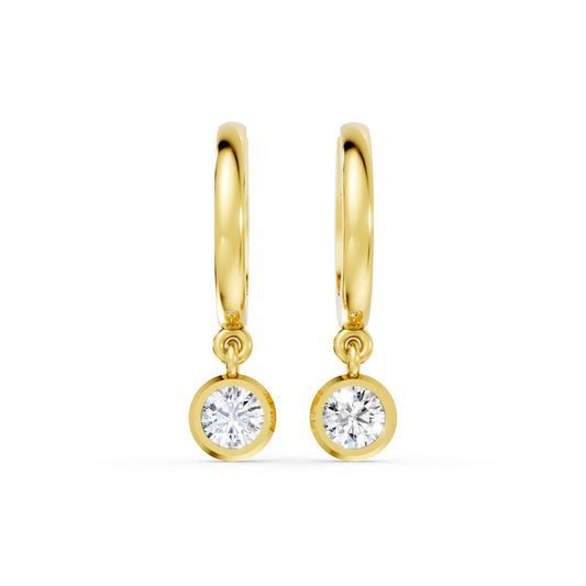 14K Gold Round Cut Diamond Knife-Edge Bezel Drop Huggie Hoop Earring