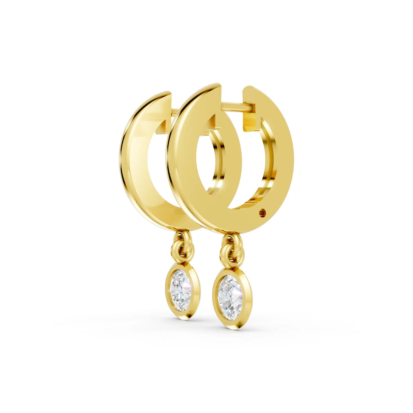 14K Gold Round Cut Diamond Knife-Edge Bezel Drop Huggie Hoop Earring