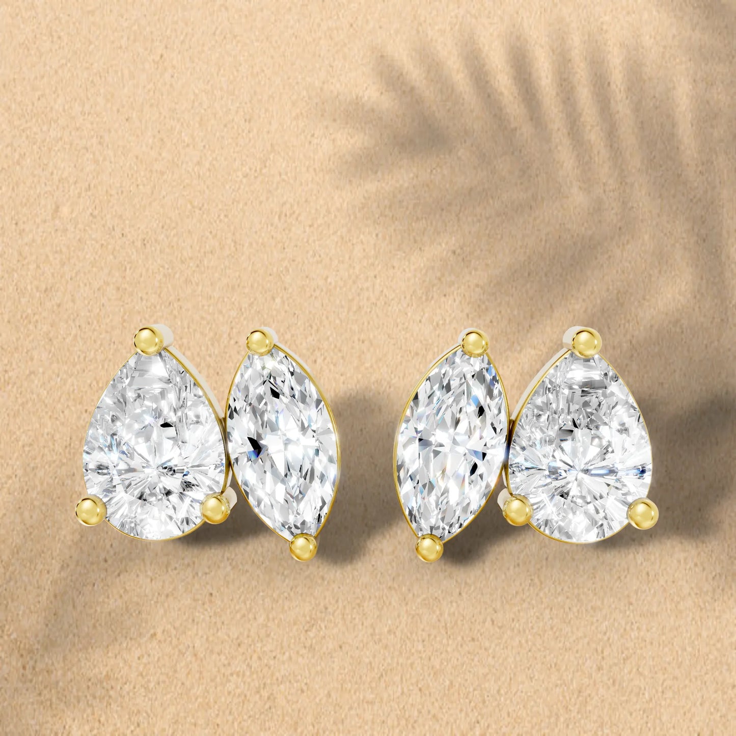 1.30 CT Pear And Marquise Cut Minimalist Toi Et Moi Earrings | 14K Gold With Lab Grown Diamonds With Prong Set Stud Design| Modern Elegance Perfect As A Birthday Wedding Anniversary Gift| Everyday Statement Piece Or Surprise For Special Moment