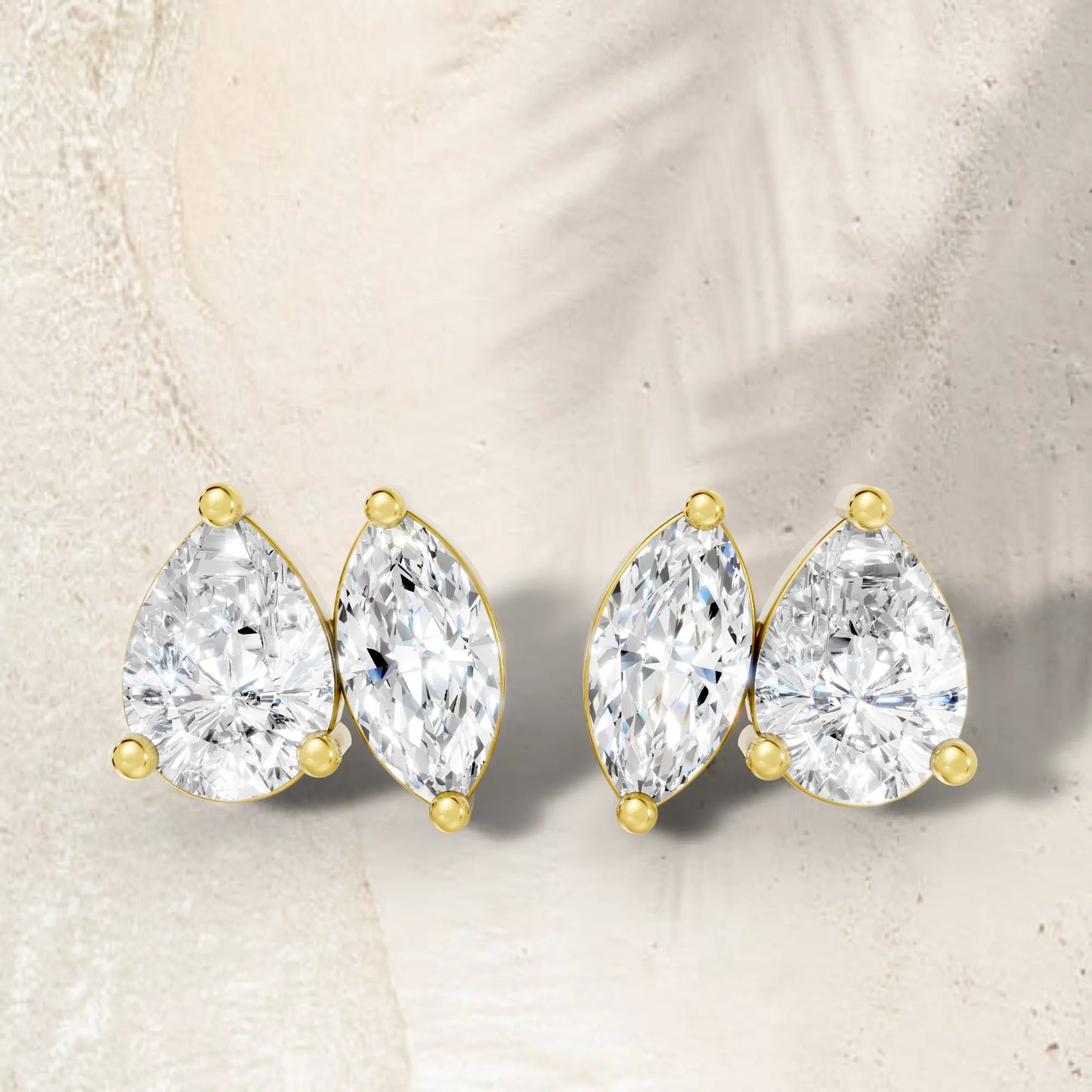 1.30 CT Pear And Marquise Cut Minimalist Toi Et Moi Earrings | 14K Gold With Lab Grown Diamonds With Prong Set Stud Design| Modern Elegance Perfect As A Birthday Wedding Anniversary Gift| Everyday Statement Piece Or Surprise For Special Moment