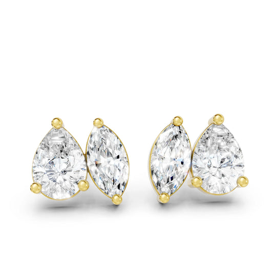 1.30 CT Pear And Marquise Cut Minimalist Toi Et Moi Earrings | 14K Gold With Lab Grown Diamonds With Prong Set Stud Design| Modern Elegance Perfect As A Birthday Wedding Anniversary Gift| Everyday Statement Piece Or Surprise For Special Moment