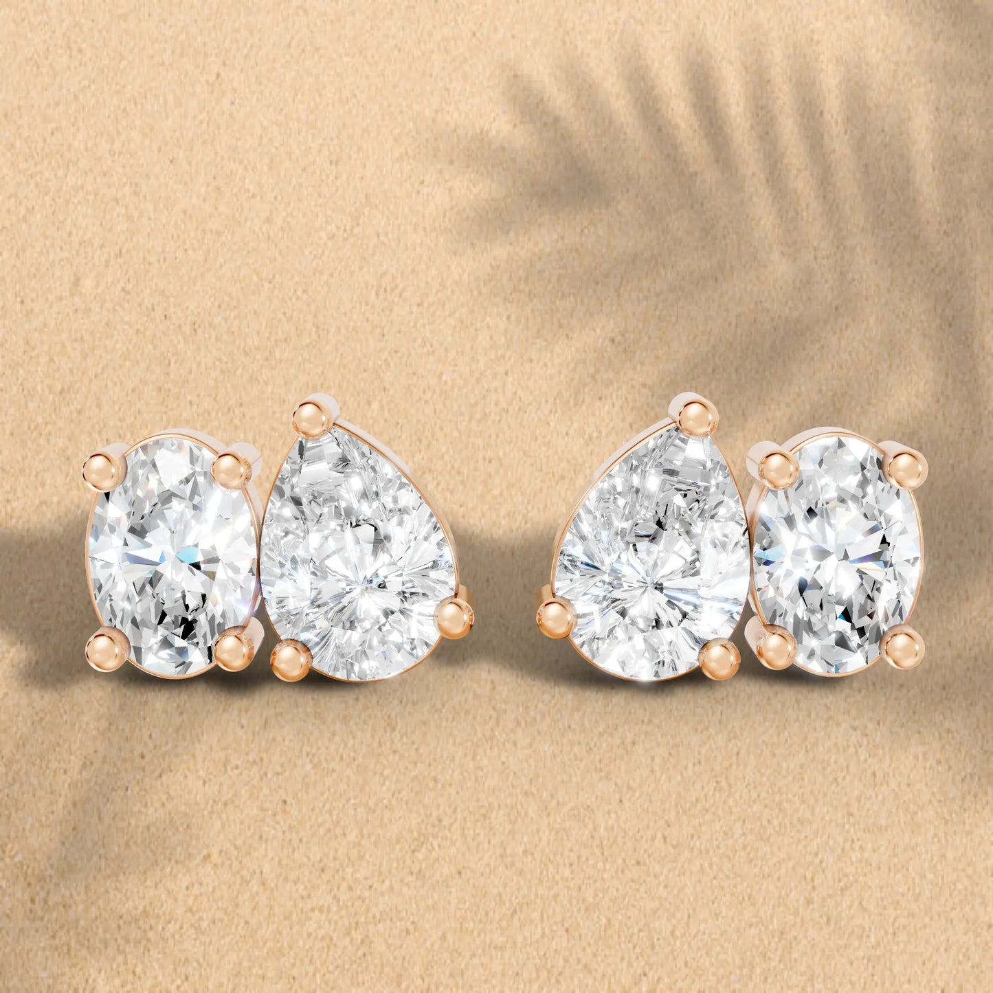 14K Gold Pear and Oval Cut Diamond Toi et Moi Stud Earring