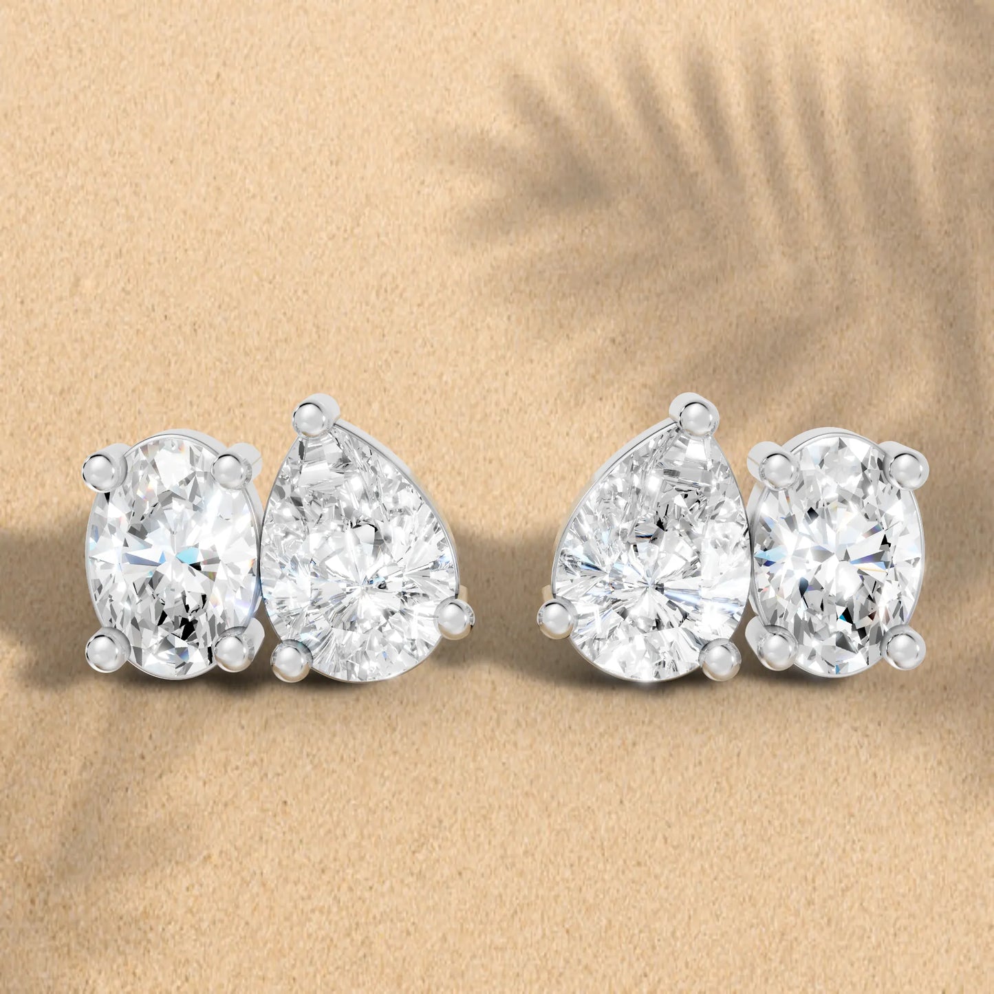 14K Gold Pear and Oval Cut Diamond Toi et Moi Stud Earring