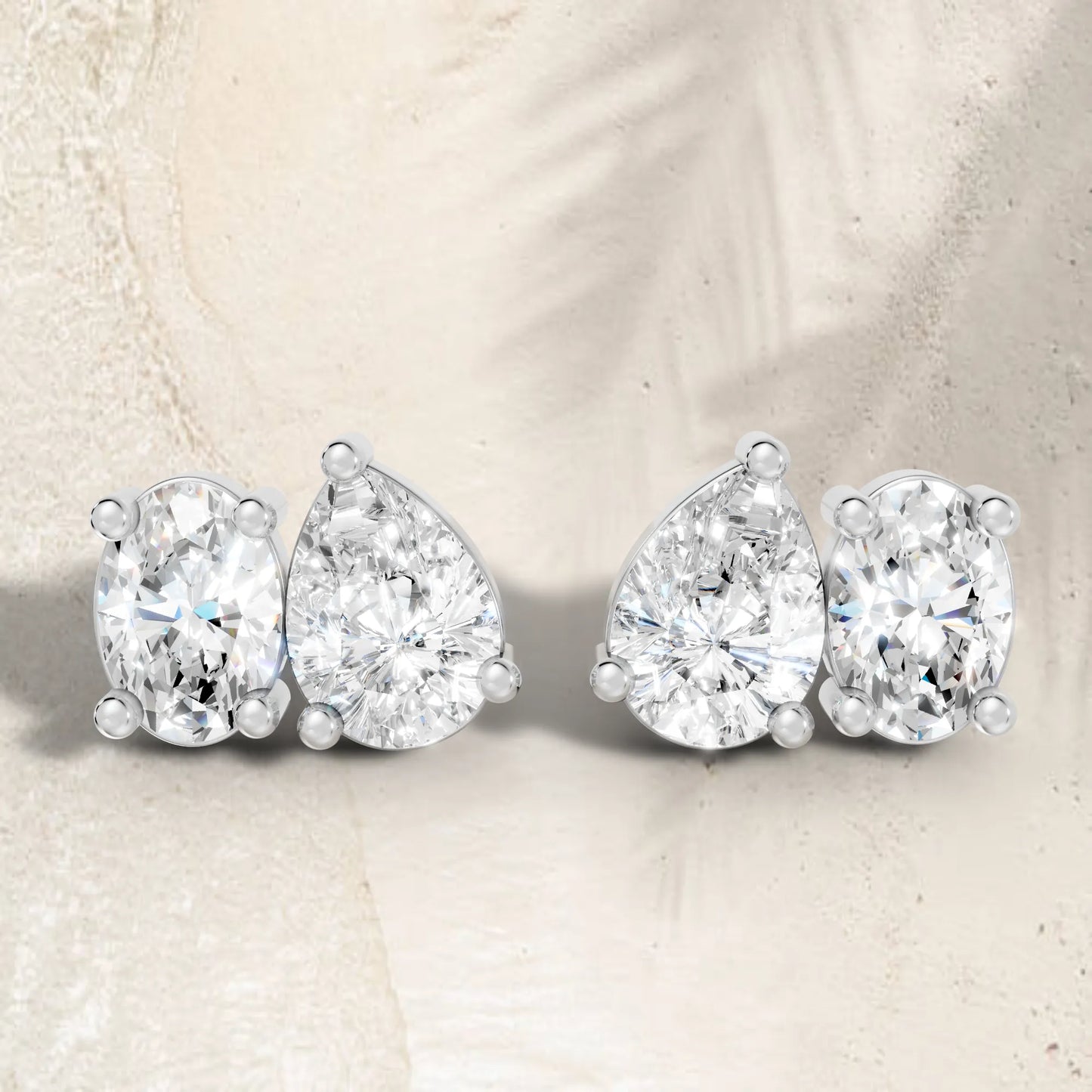 14K Gold Pear and Oval Cut Diamond Toi et Moi Stud Earring