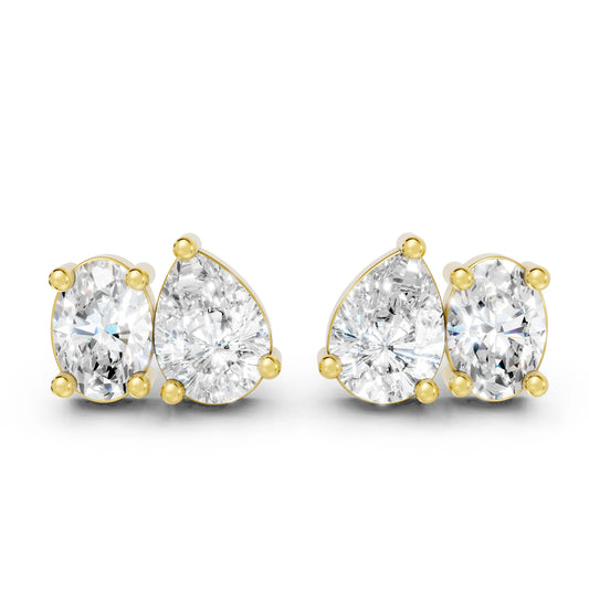 14K Gold Pear and Oval Cut Diamond Toi et Moi Stud Earring