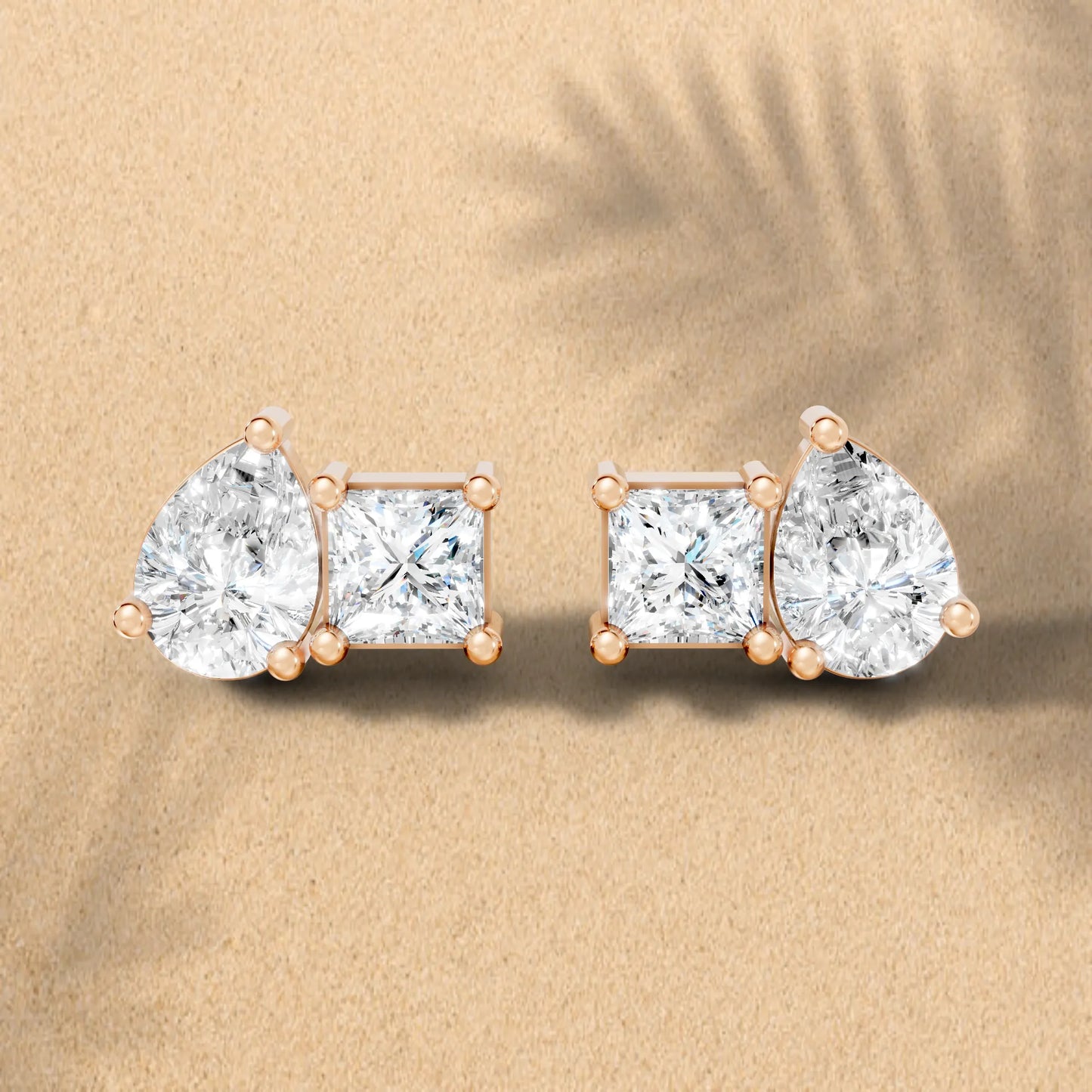 14K Gold Pear and Princess Cut Diamond Toi et Moi Stud Earring