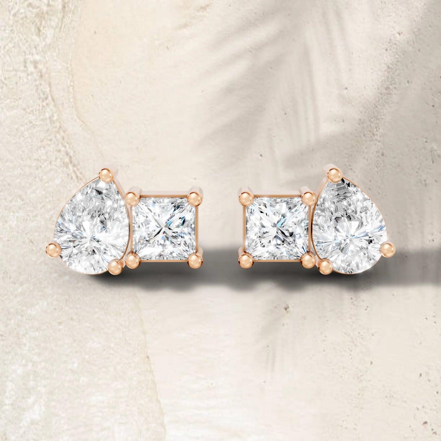 14K Gold Pear and Princess Cut Diamond Toi et Moi Stud Earring