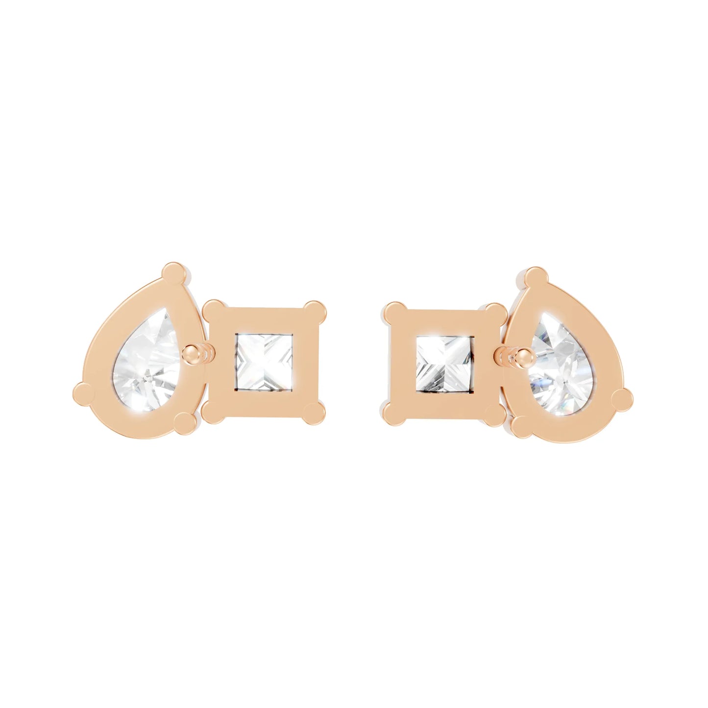 14K Gold Pear and Princess Cut Diamond Toi et Moi Stud Earring