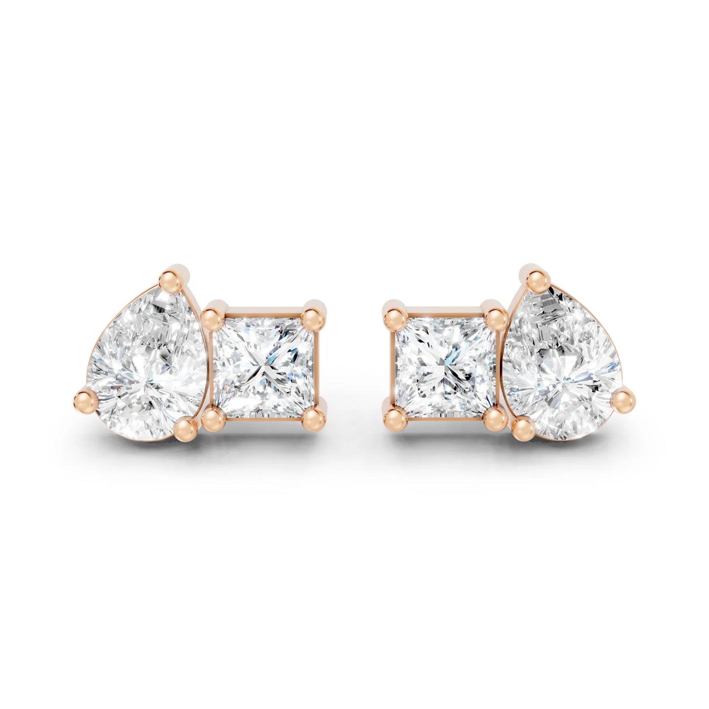 14K Gold Pear and Princess Cut Diamond Toi et Moi Stud Earring
