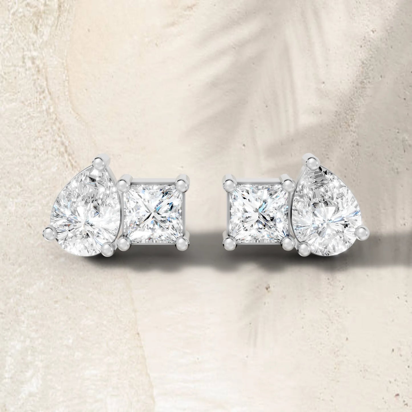 14K Gold Pear and Princess Cut Diamond Toi et Moi Stud Earring
