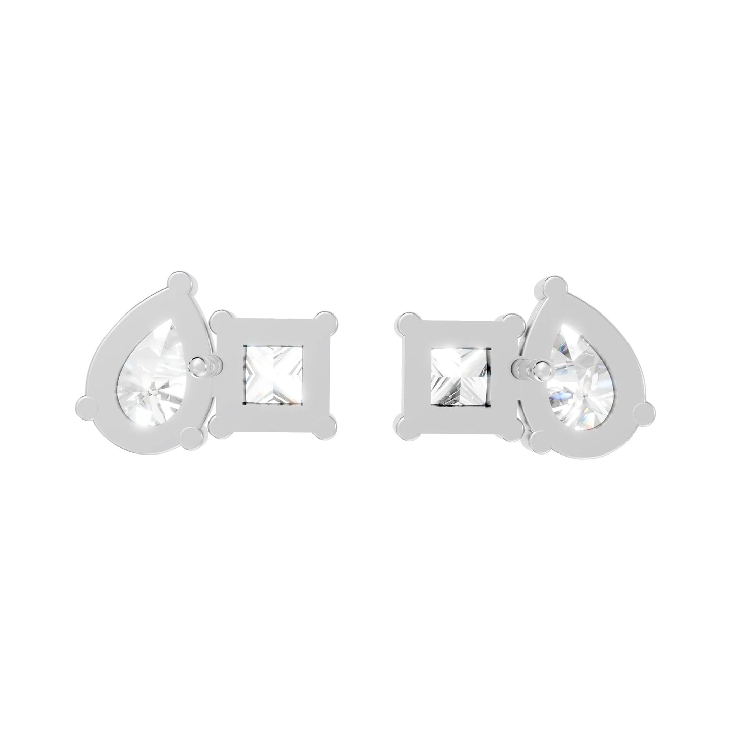 14K Gold Pear and Princess Cut Diamond Toi et Moi Stud Earring