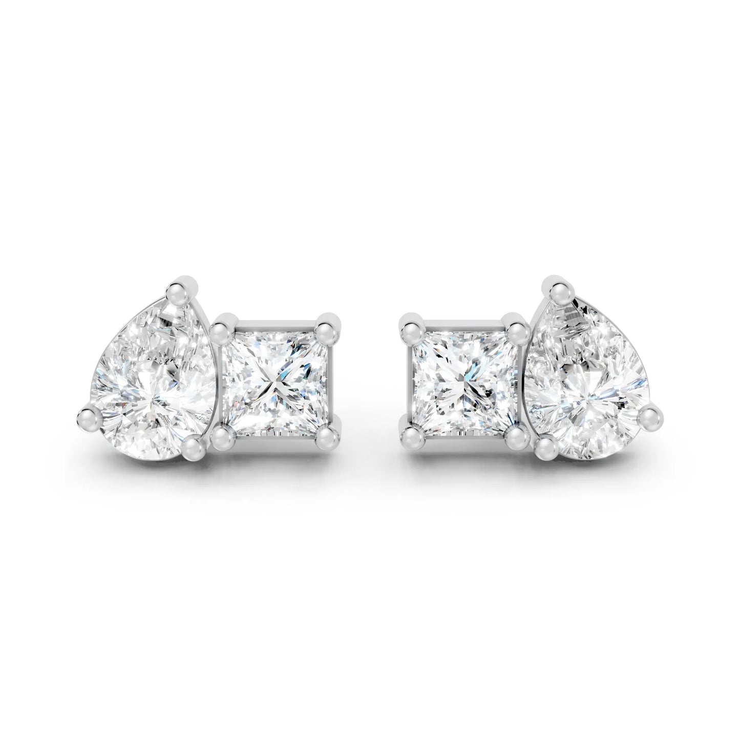 14K Gold Pear and Princess Cut Diamond Toi et Moi Stud Earring