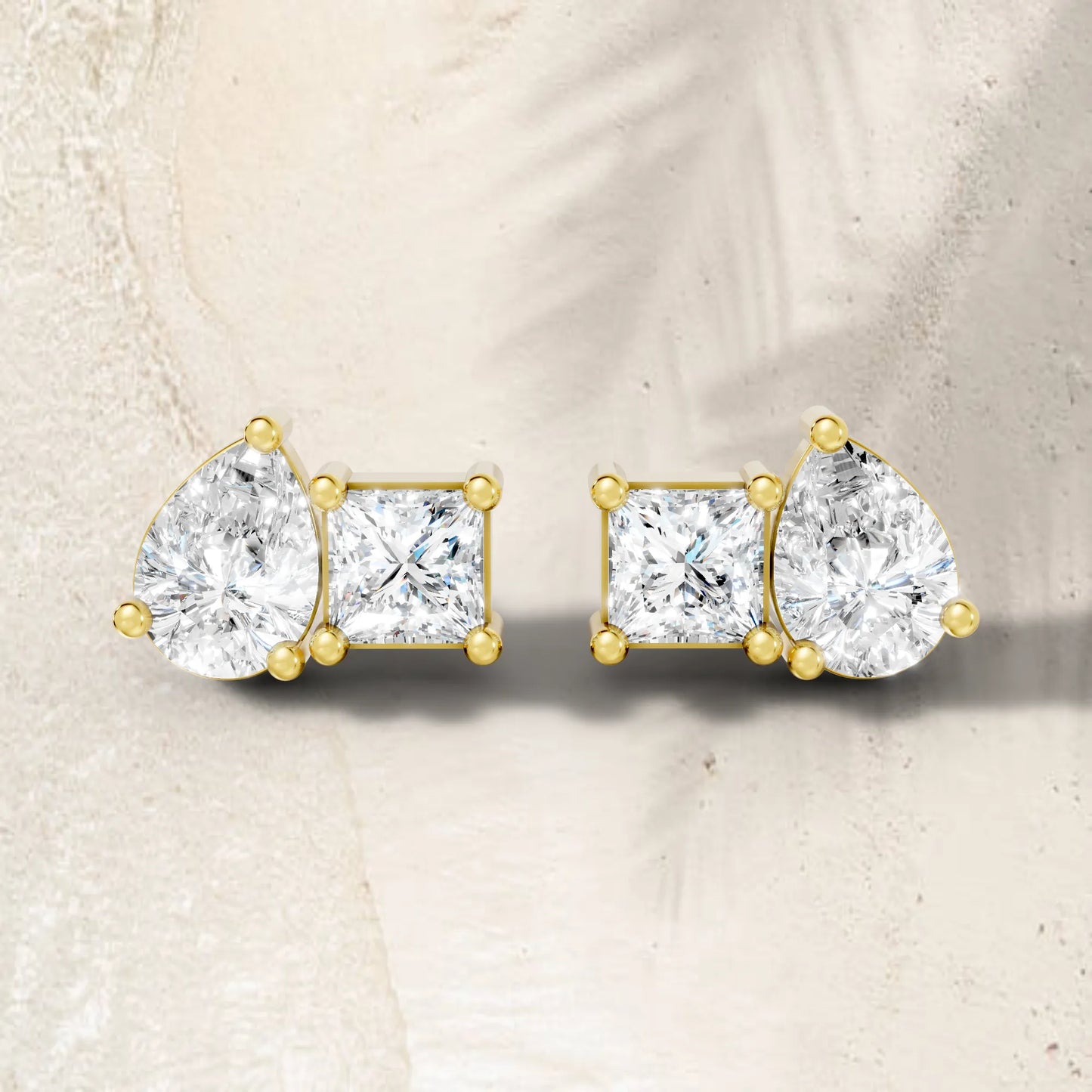 14K Gold Pear and Princess Cut Diamond Toi et Moi Stud Earring