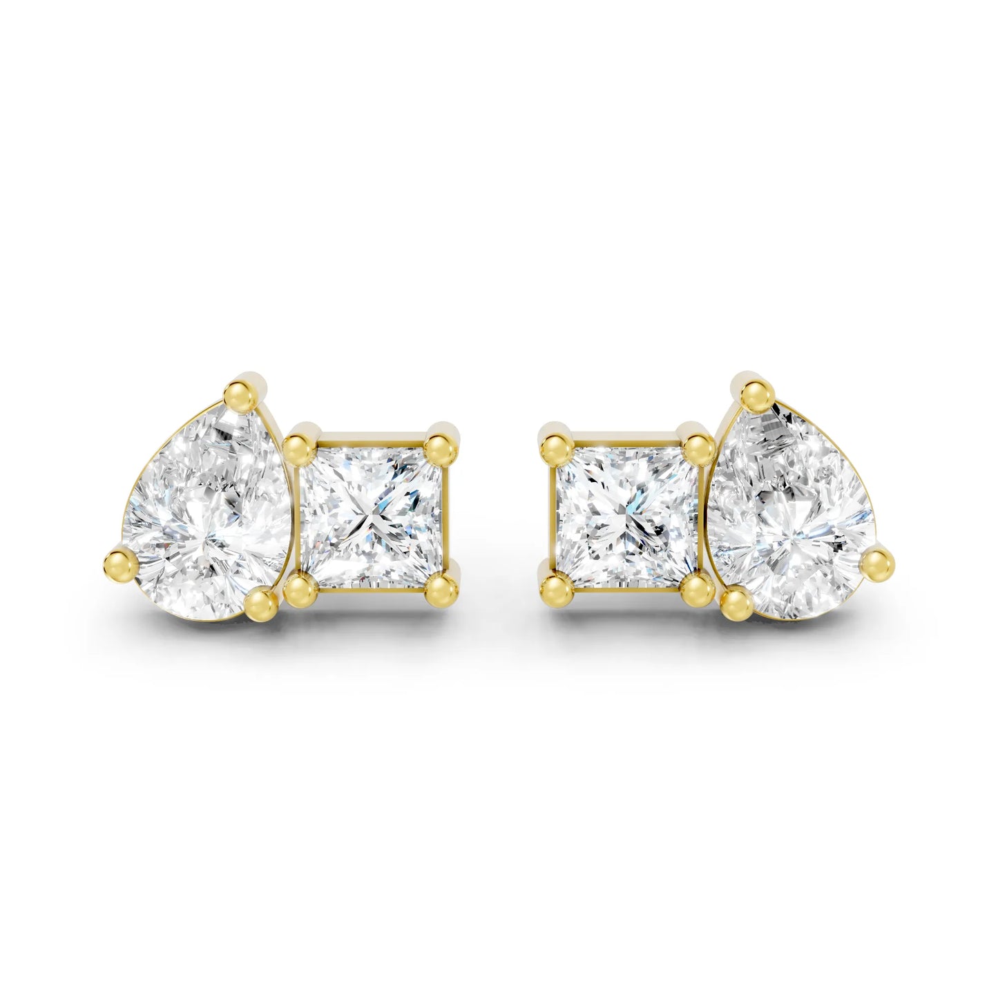 14K Gold Pear and Princess Cut Diamond Toi et Moi Stud Earring