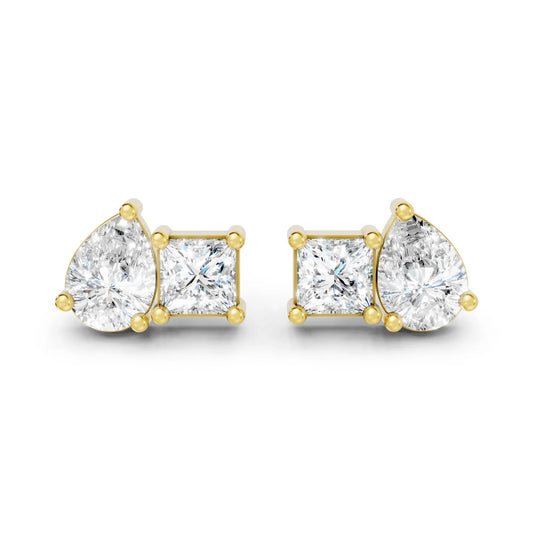 14K Gold Pear and Princess Cut Diamond Toi et Moi Stud Earring
