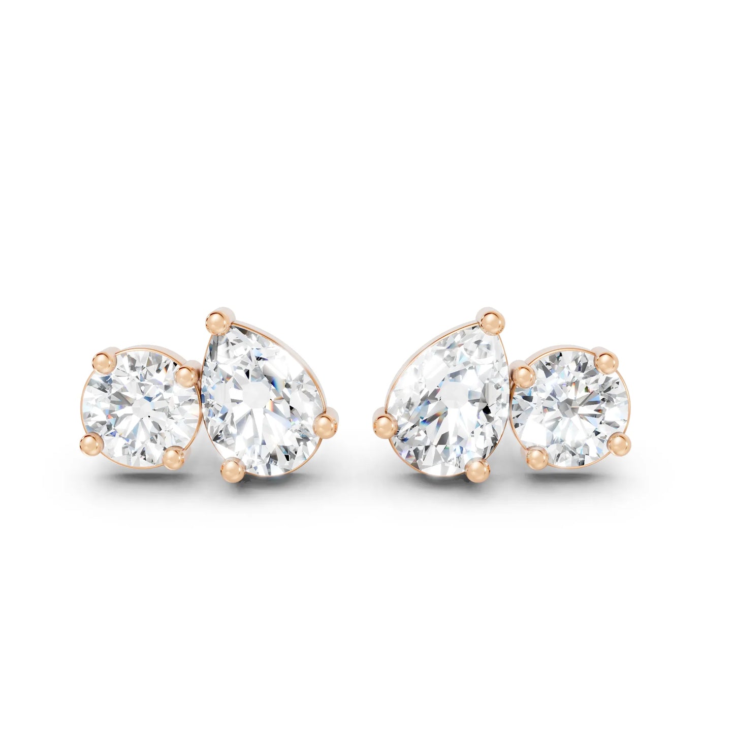 14K Gold 1.30 CT Pear And Round Minimalist Toi Et Moi Stud | Designed With Lab Grown Diamonds In Elegant Prong Settings | Celebrate Love With A Special Earring That Captures Timeless Beauty Modern Grace And The Spark Of Everlasting Romance