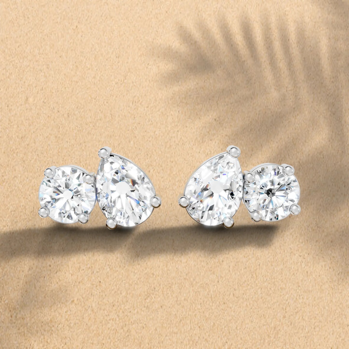 14K Gold 1.30 CT Pear And Round Minimalist Toi Et Moi Stud | Designed With Lab Grown Diamonds In Elegant Prong Settings | Celebrate Love With A Special Earring That Captures Timeless Beauty Modern Grace And The Spark Of Everlasting Romance
