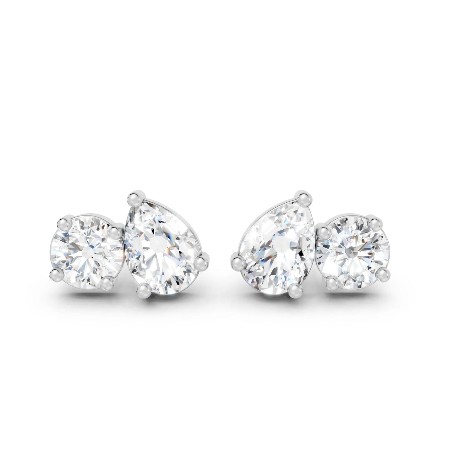 14K Gold 1.30 CT Pear And Round Minimalist Toi Et Moi Stud | Designed With Lab Grown Diamonds In Elegant Prong Settings | Celebrate Love With A Special Earring That Captures Timeless Beauty Modern Grace And The Spark Of Everlasting Romance
