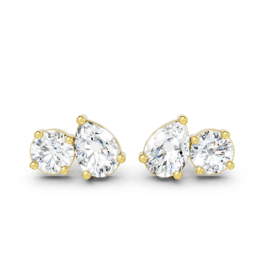14K Gold 1.30 CT Pear And Round Minimalist Toi Et Moi Stud | Designed With Lab Grown Diamonds In Elegant Prong Settings | Celebrate Love With A Special Earring That Captures Timeless Beauty Modern Grace And The Spark Of Everlasting Romance