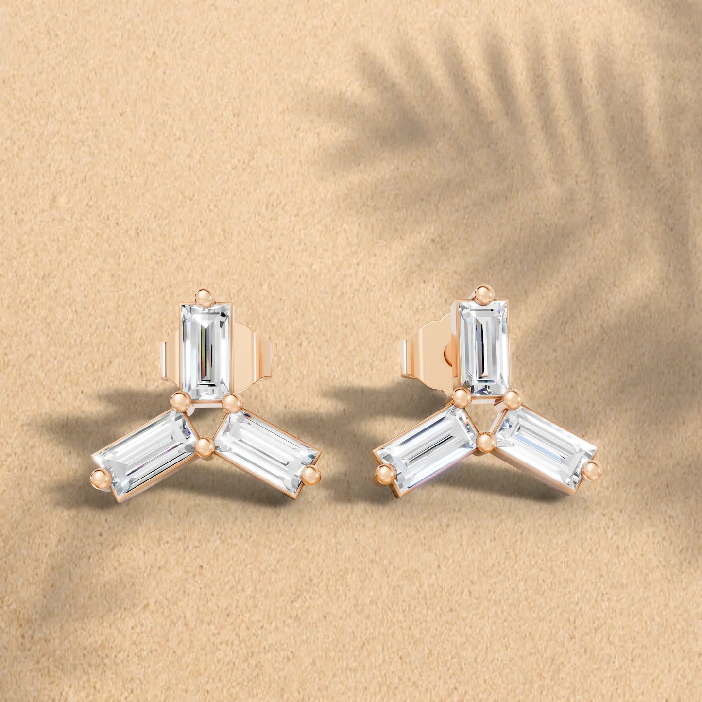 14K Gold Trinity Baguette Cut Diamond Stud Earring