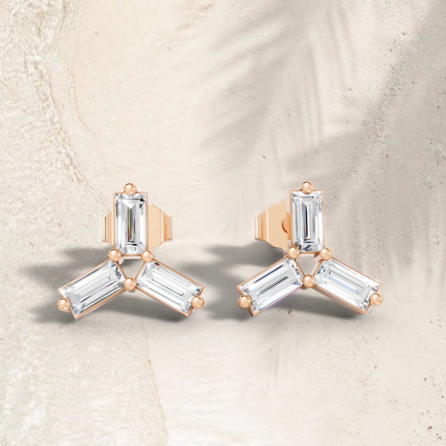 14K Gold Trinity Baguette Cut Diamond Stud Earring