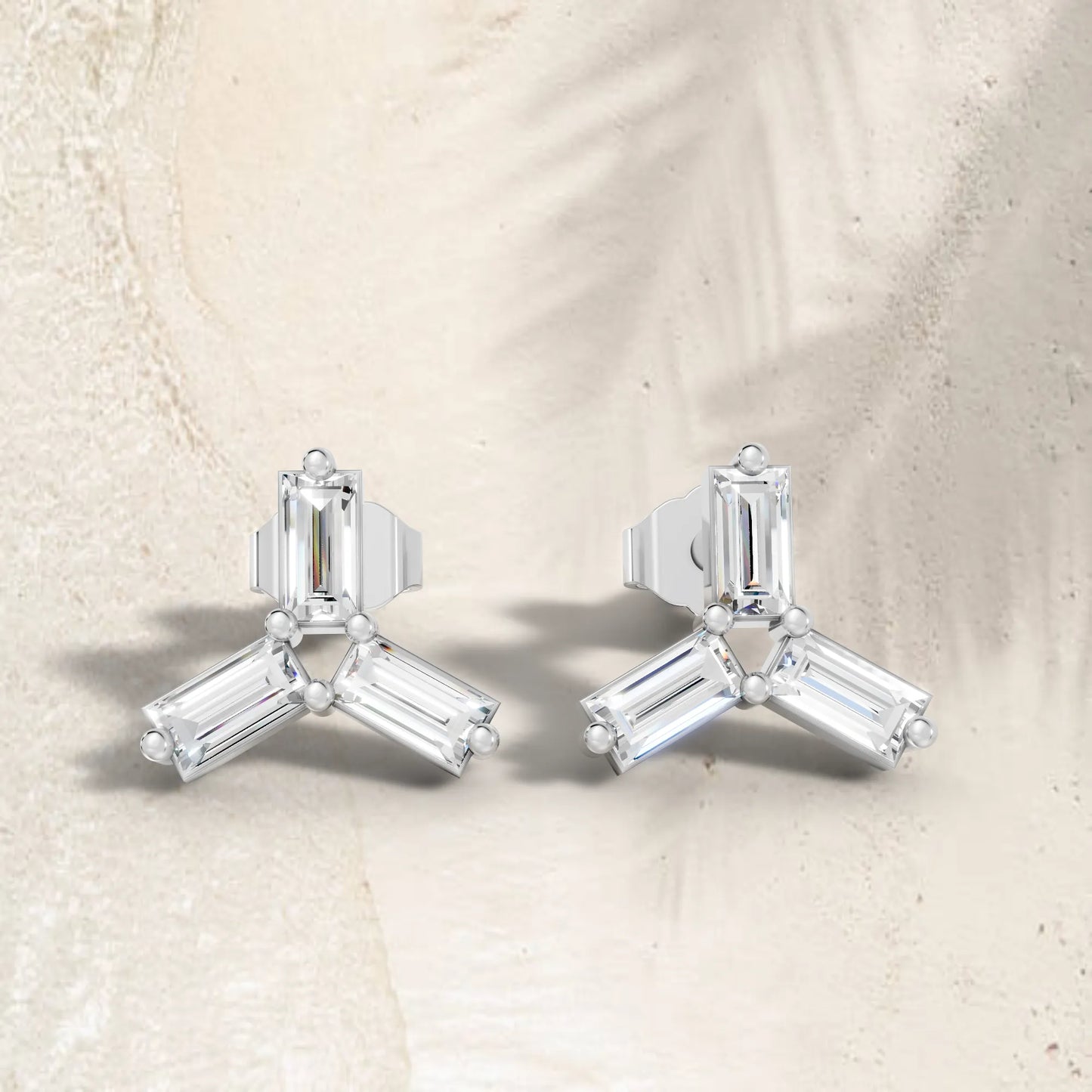 14K Gold Trinity Baguette Cut Diamond Stud Earring
