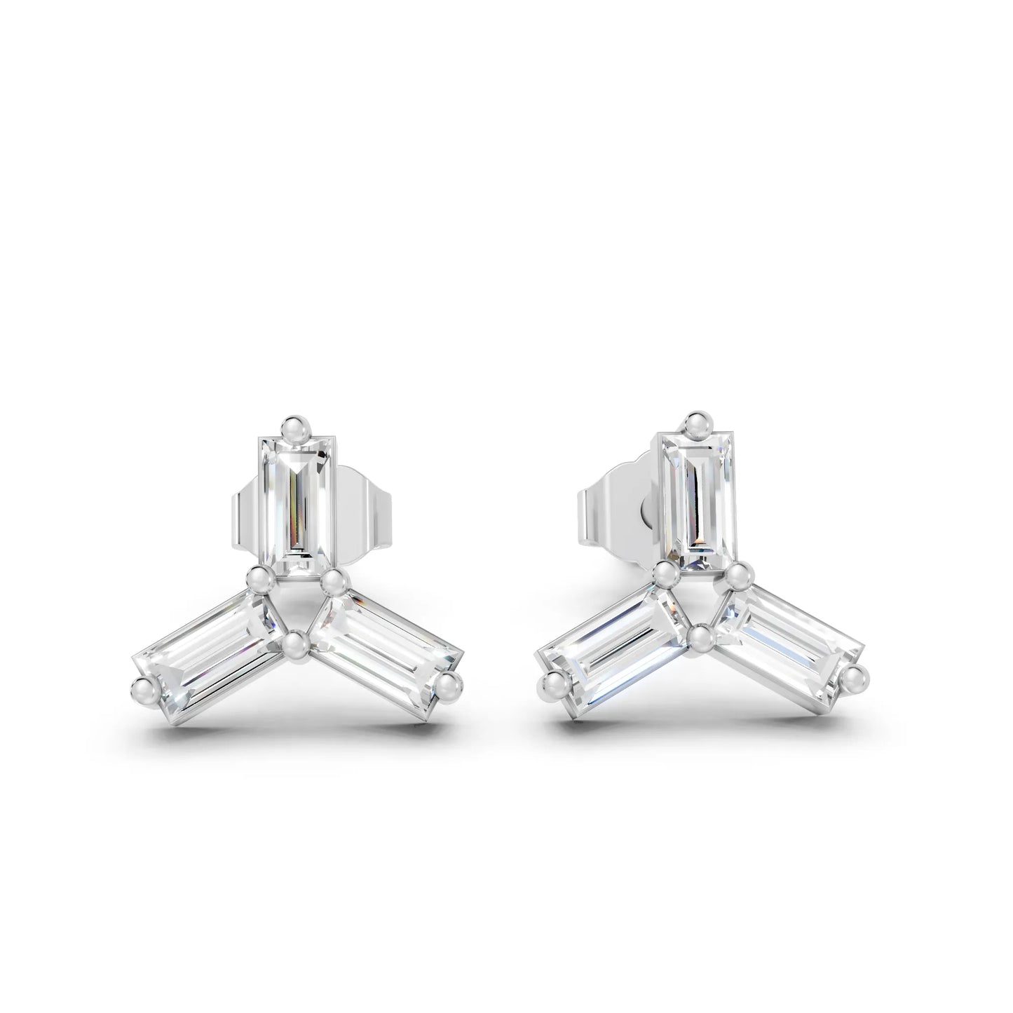 14K Gold Trinity Baguette Cut Diamond Stud Earring