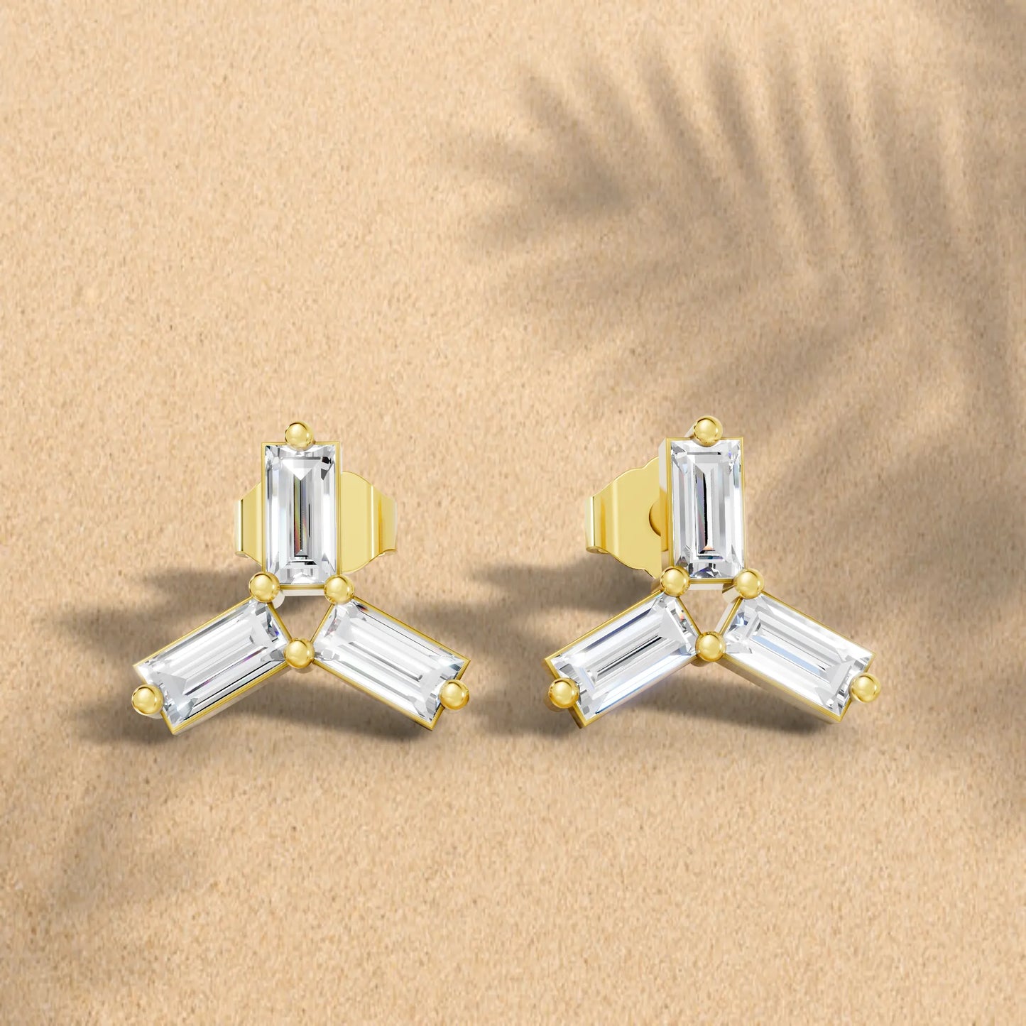 14K Gold Trinity Baguette Cut Diamond Stud Earring