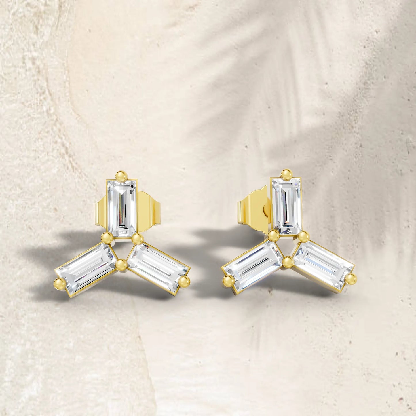 14K Gold Trinity Baguette Cut Diamond Stud Earring