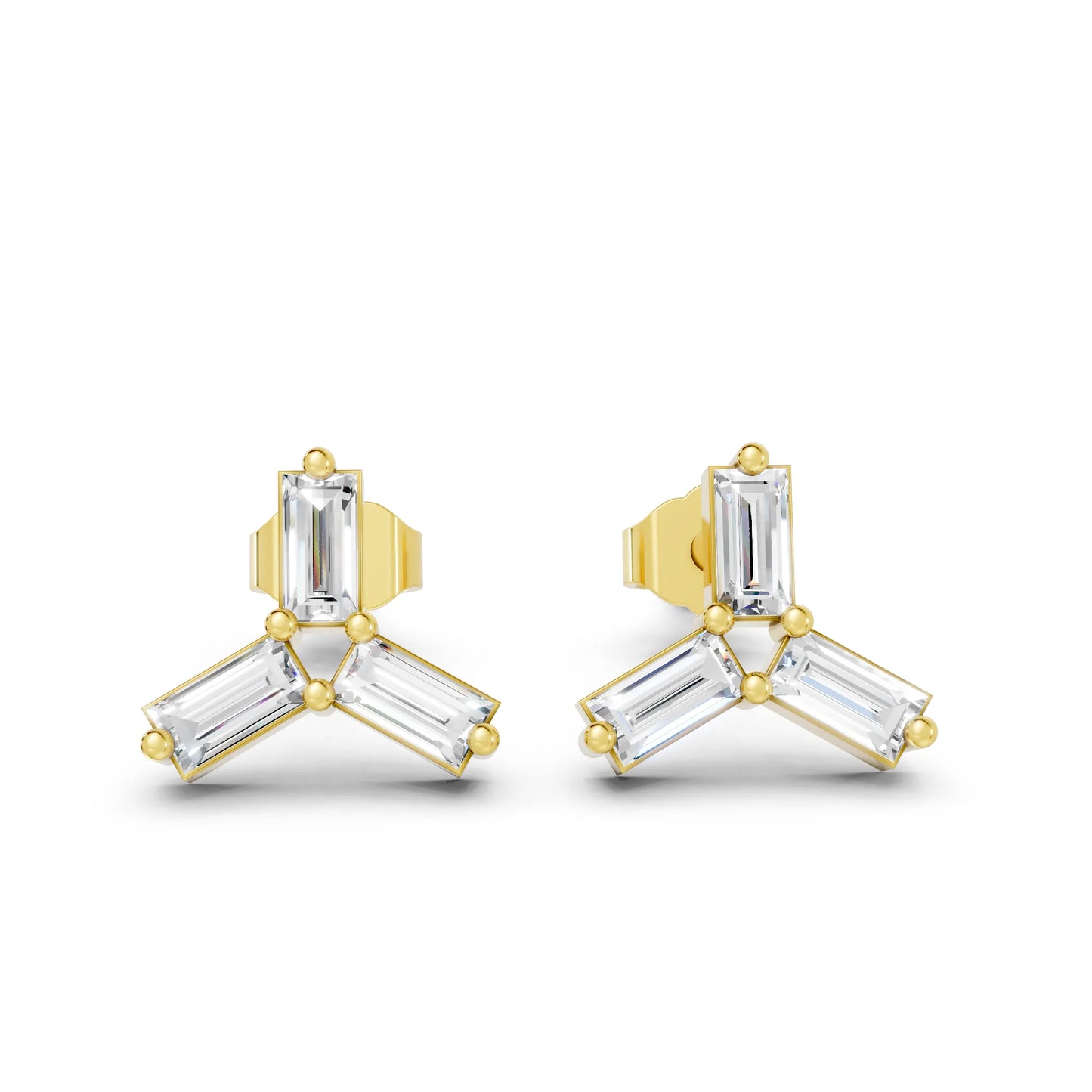 14K Gold Trinity Baguette Cut Diamond Stud Earring