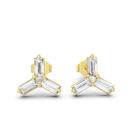 14K Gold Trinity Baguette Cut Diamond Stud Earring