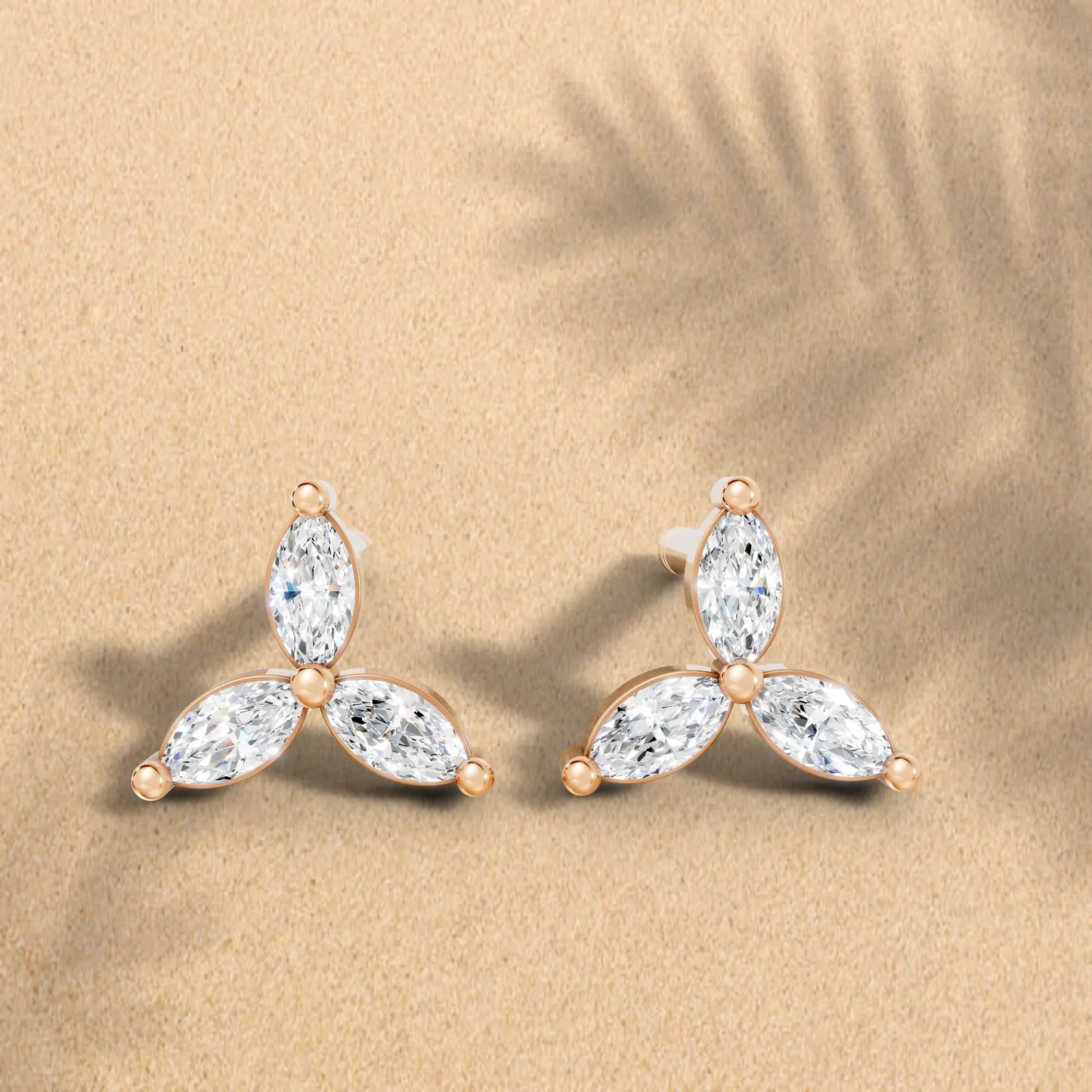 14K Gold Trinity Marquise Cut Diamond Stud Earring
