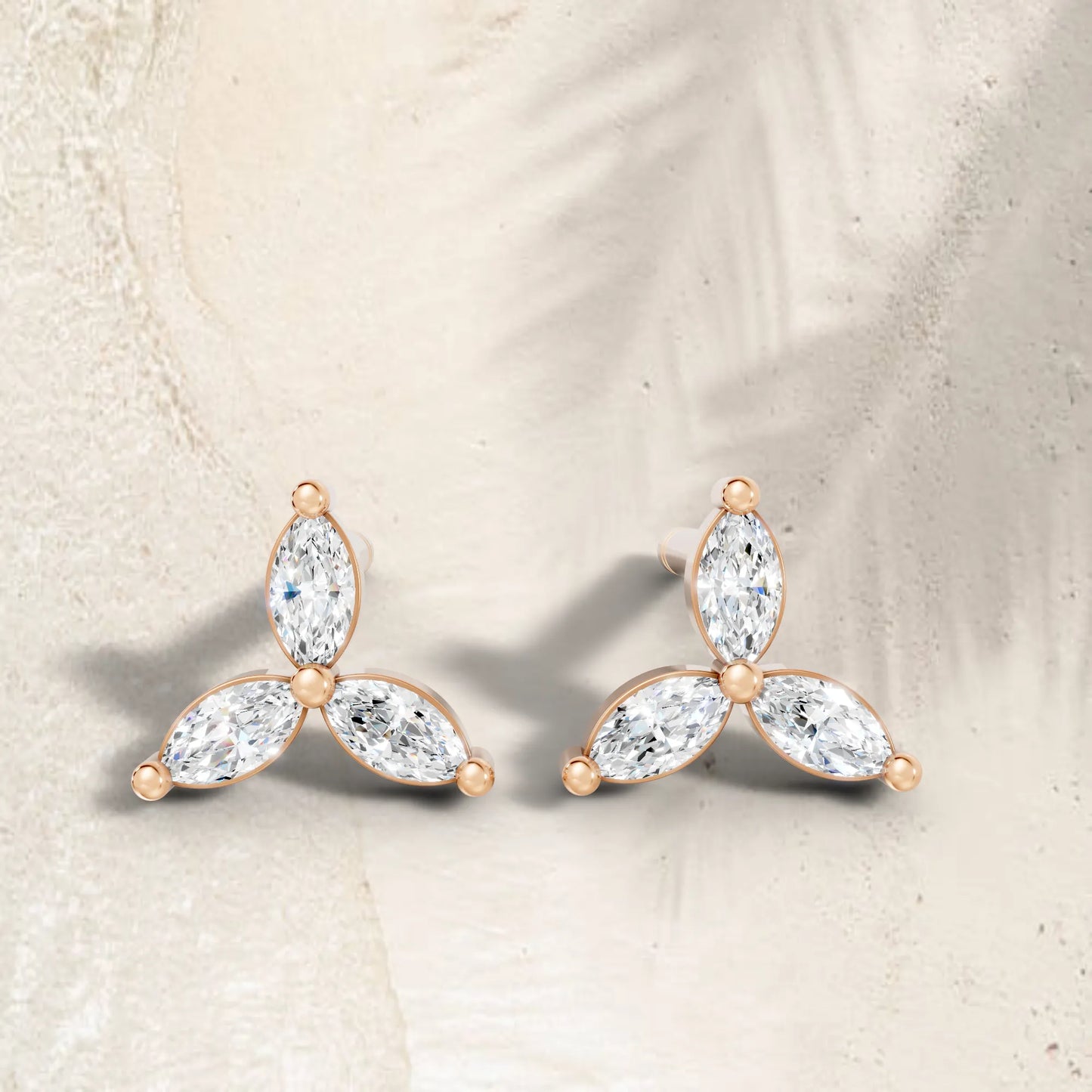 14K Gold Trinity Marquise Cut Diamond Stud Earring