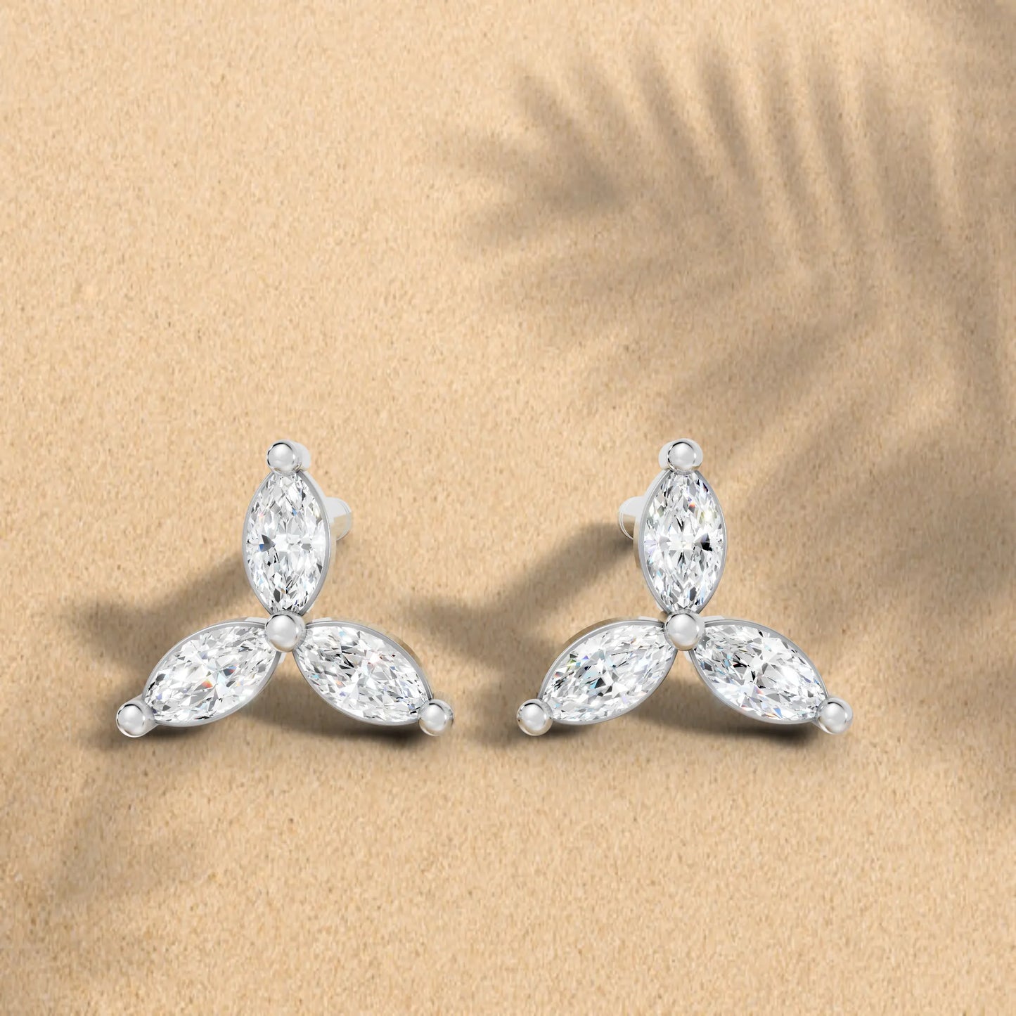 14K Gold Trinity Marquise Cut Diamond Stud Earring