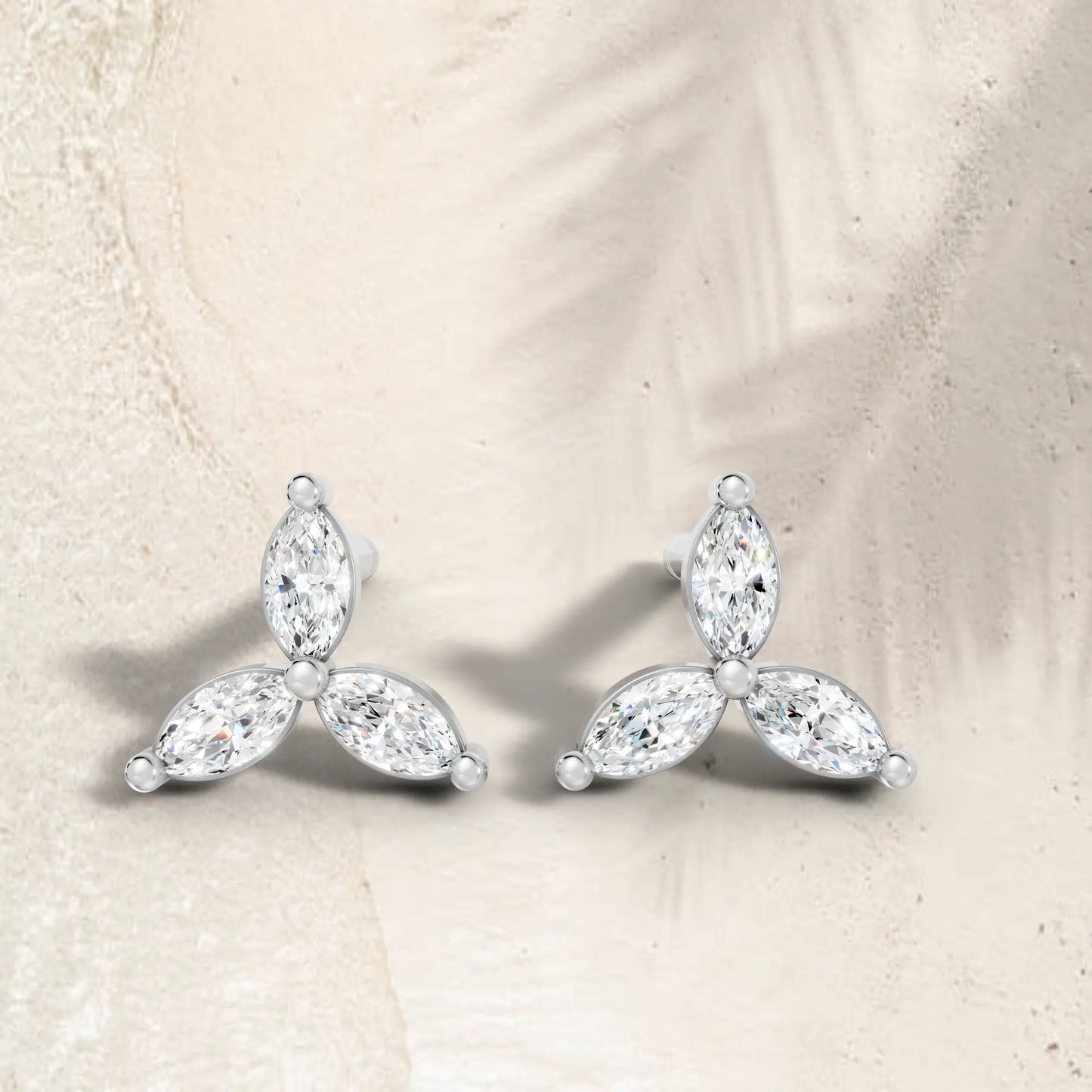 14K Gold Trinity Marquise Cut Diamond Stud Earring