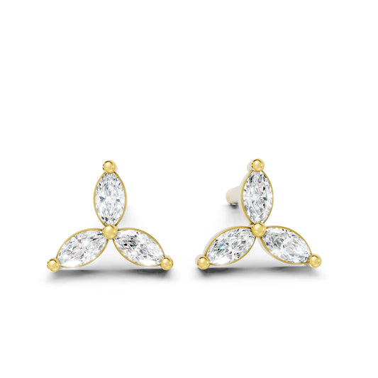 14K Gold Trinity Marquise Cut Diamond Stud Earring
