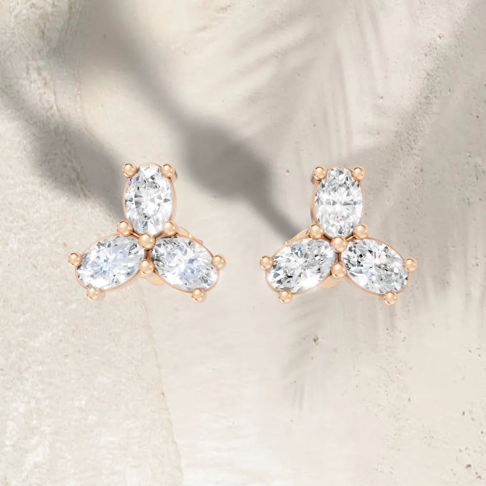 14K Gold Trinity Oval Cut Diamond Stud Earring