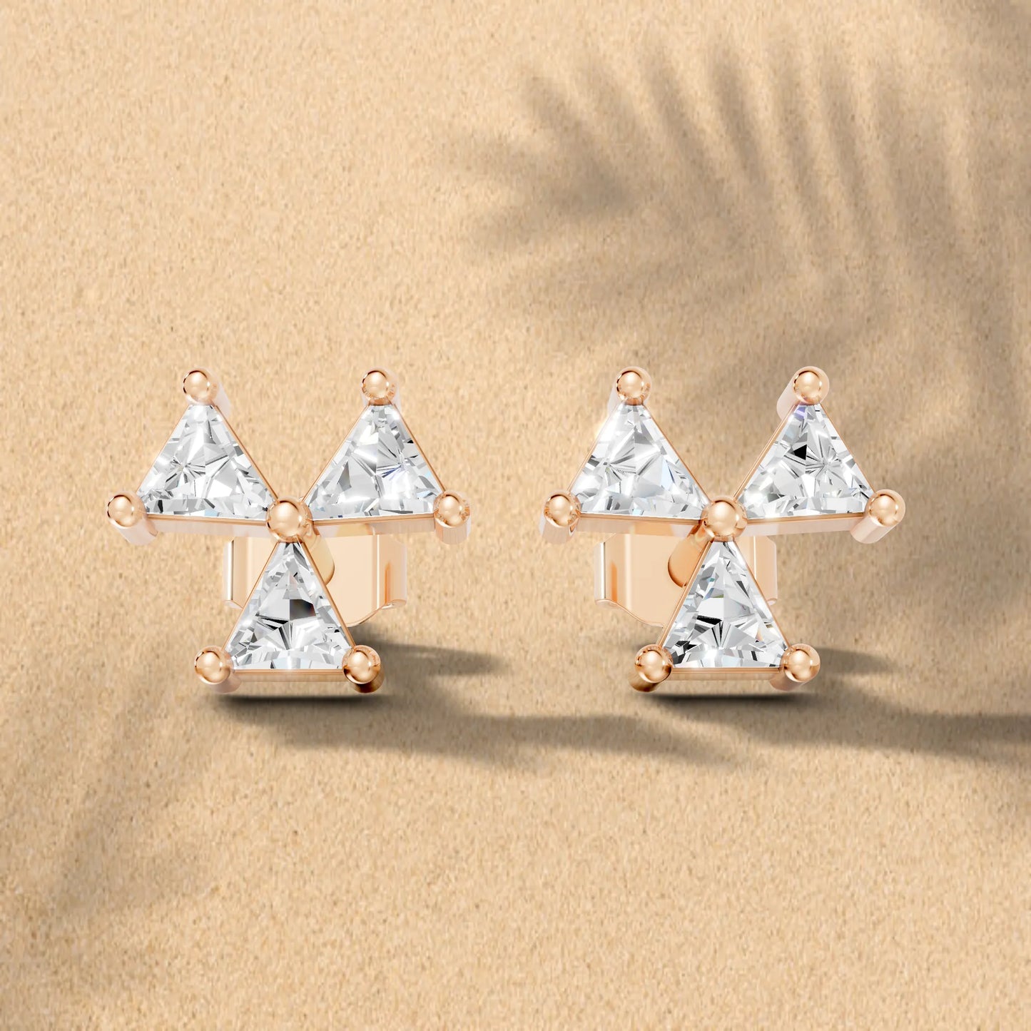 14k Gold Lab Grown Bezel Set and Prong set Earrings | Minimalist Triangle Cut Three Diamond Studs | Timeless Elegant Conflict Design | Create Unforgettable Memories With This Unique Design | Mark Your Special Day With This Unique Jewelry Design