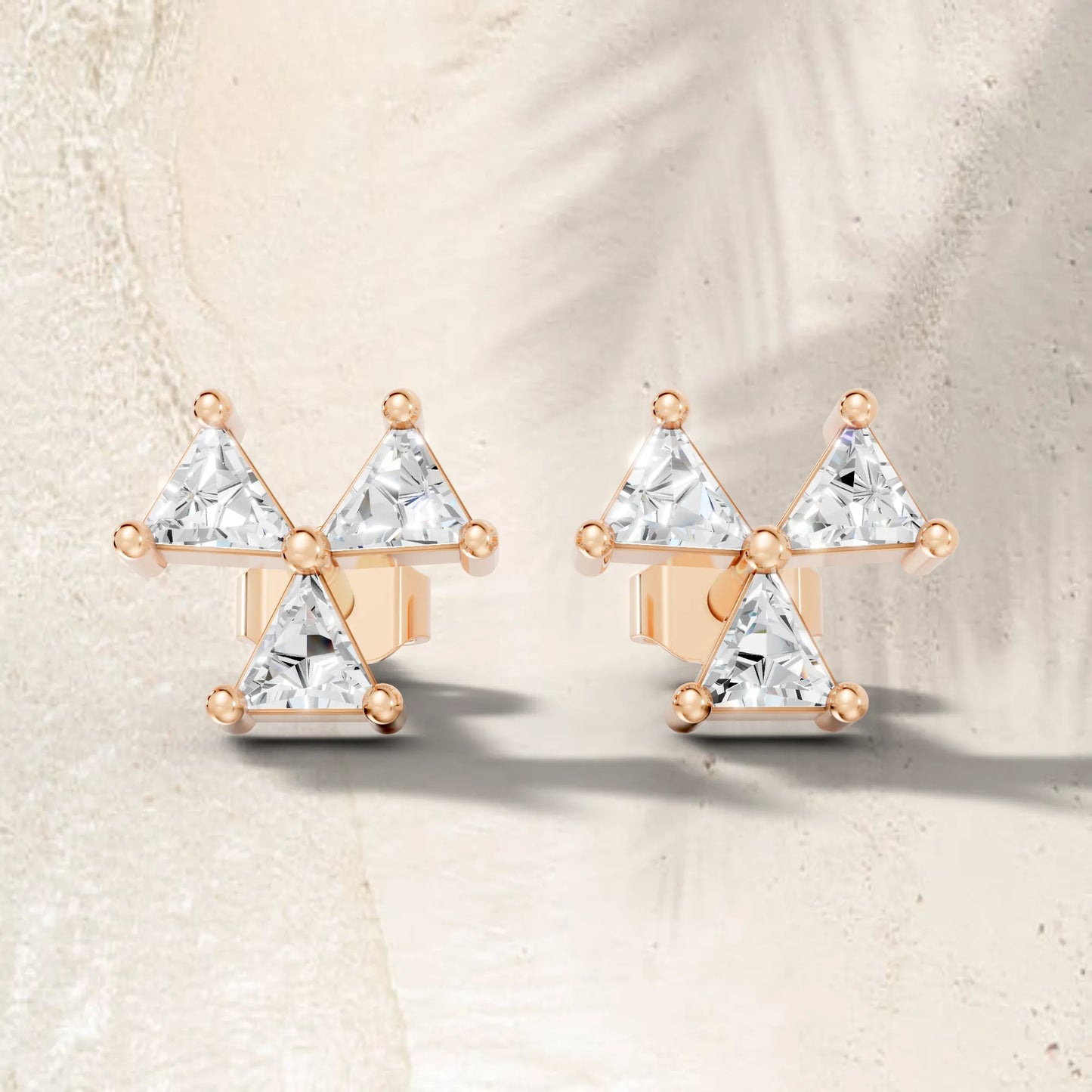 14k Gold Lab Grown Bezel Set and Prong set Earrings | Minimalist Triangle Cut Three Diamond Studs | Timeless Elegant Conflict Design | Create Unforgettable Memories With This Unique Design | Mark Your Special Day With This Unique Jewelry Design