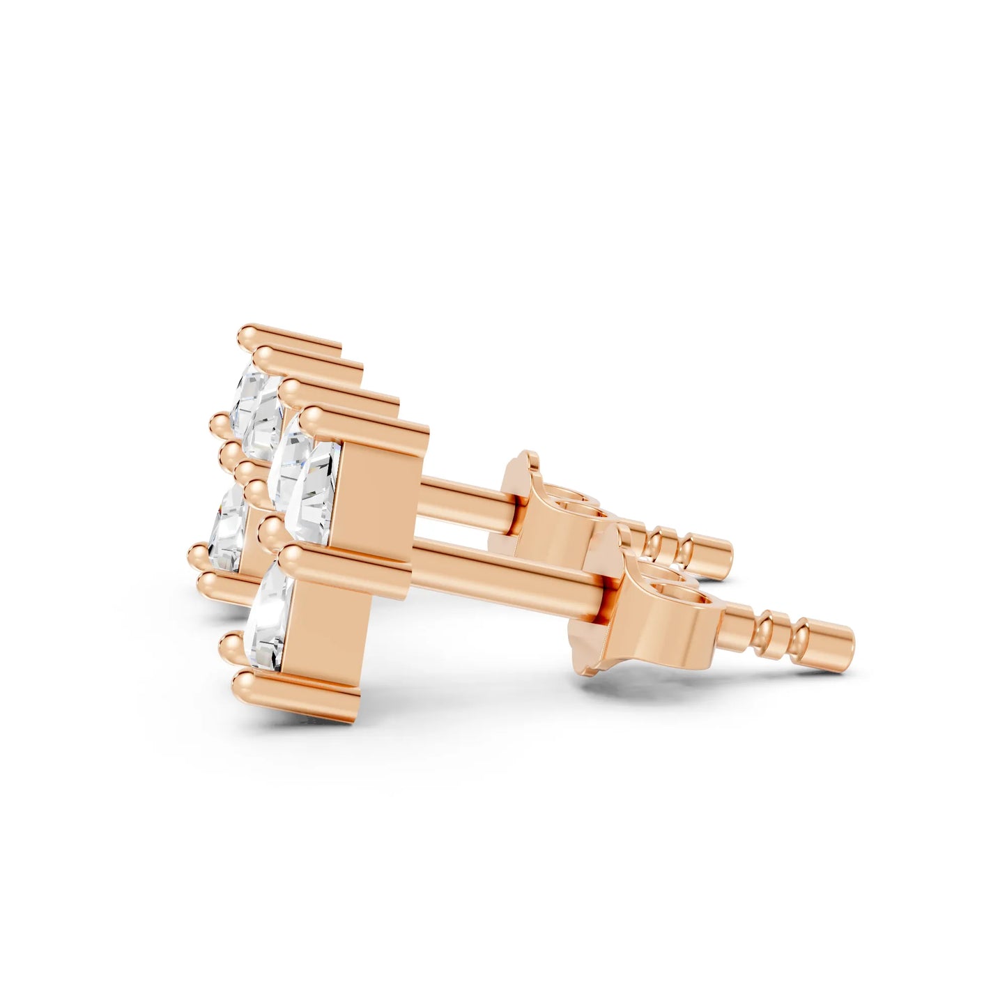 14k Gold Lab Grown Bezel Set and Prong set Earrings | Minimalist Triangle Cut Three Diamond Studs | Timeless Elegant Conflict Design | Create Unforgettable Memories With This Unique Design | Mark Your Special Day With This Unique Jewelry Design