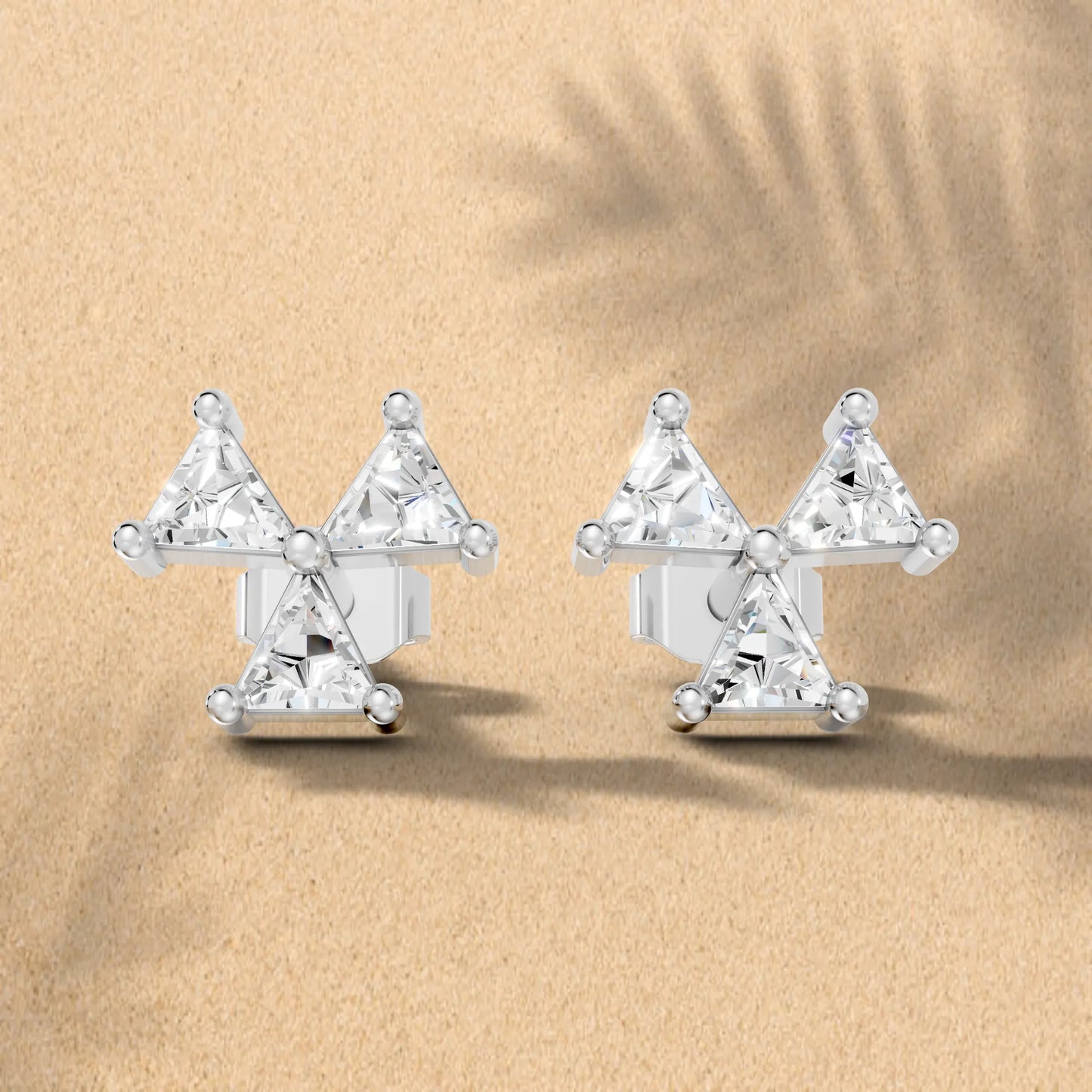14k Gold Lab Grown Bezel Set and Prong set Earrings | Minimalist Triangle Cut Three Diamond Studs | Timeless Elegant Conflict Design | Create Unforgettable Memories With This Unique Design | Mark Your Special Day With This Unique Jewelry Design