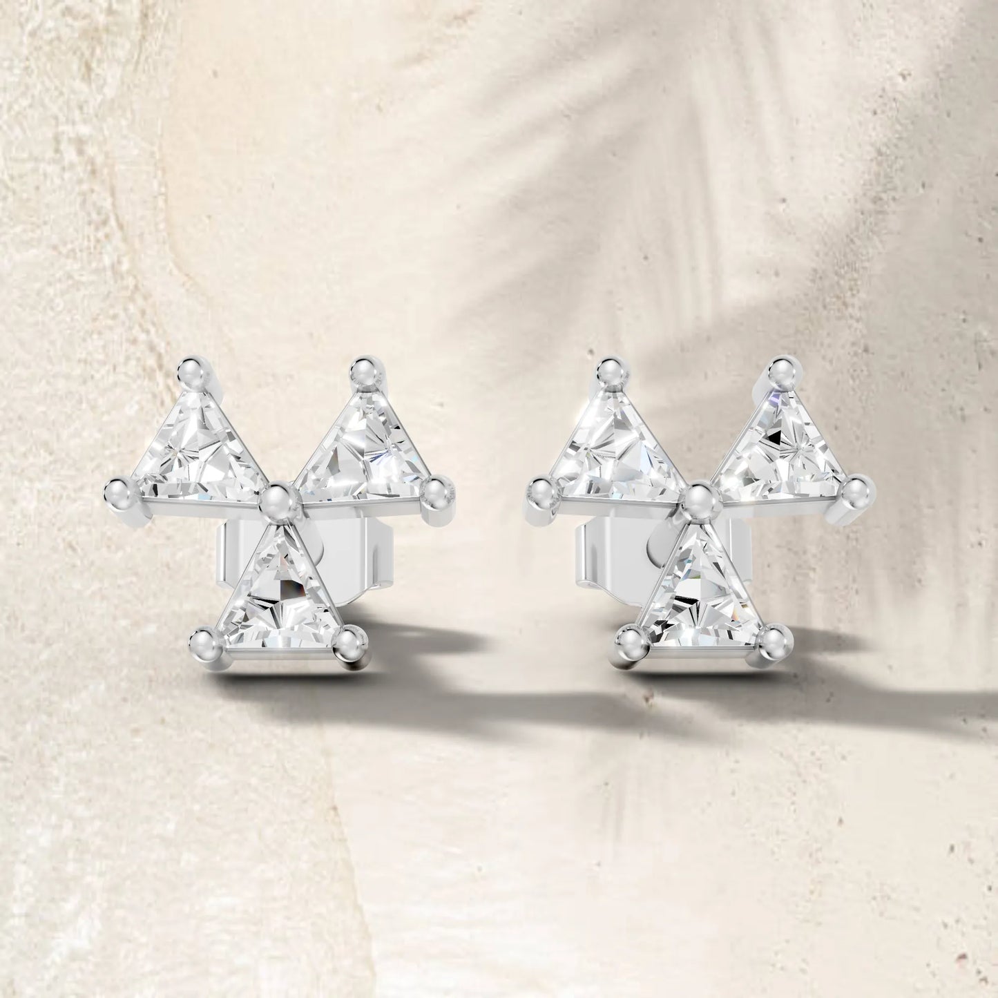 14k Gold Lab Grown Bezel Set and Prong set Earrings | Minimalist Triangle Cut Three Diamond Studs | Timeless Elegant Conflict Design | Create Unforgettable Memories With This Unique Design | Mark Your Special Day With This Unique Jewelry Design
