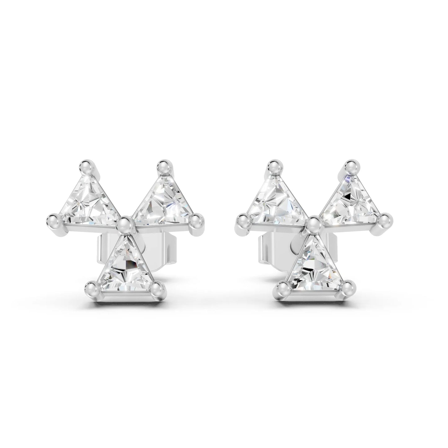 14k Gold Lab Grown Bezel Set and Prong set Earrings | Minimalist Triangle Cut Three Diamond Studs | Timeless Elegant Conflict Design | Create Unforgettable Memories With This Unique Design | Mark Your Special Day With This Unique Jewelry Design