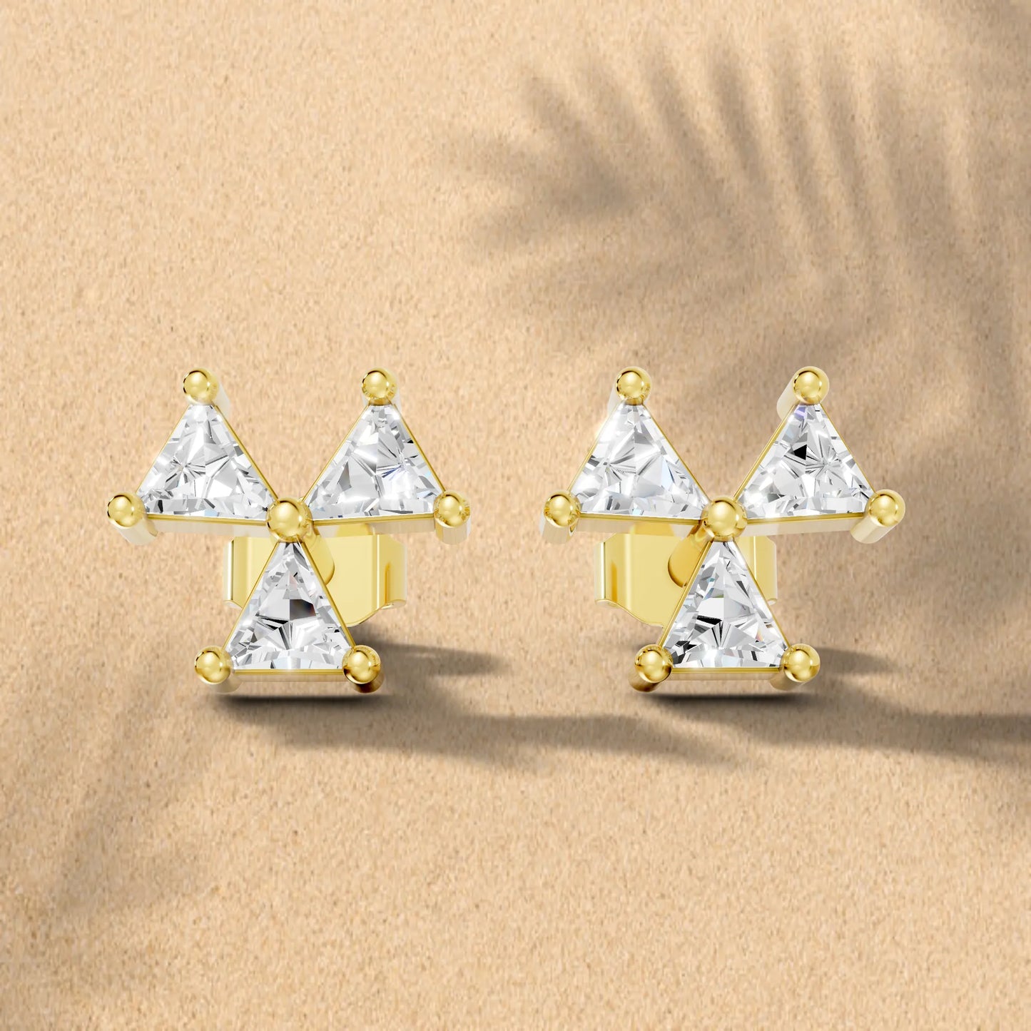 14k Gold Lab Grown Bezel Set and Prong set Earrings | Minimalist Triangle Cut Three Diamond Studs | Timeless Elegant Conflict Design | Create Unforgettable Memories With This Unique Design | Mark Your Special Day With This Unique Jewelry Design