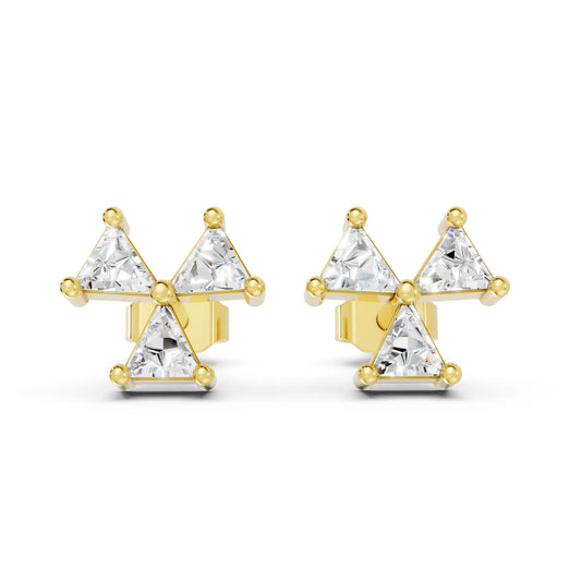 14k Gold Lab Grown Bezel Set and Prong set Earrings | Minimalist Triangle Cut Three Diamond Studs | Timeless Elegant Conflict Design | Create Unforgettable Memories With This Unique Design | Mark Your Special Day With This Unique Jewelry Design