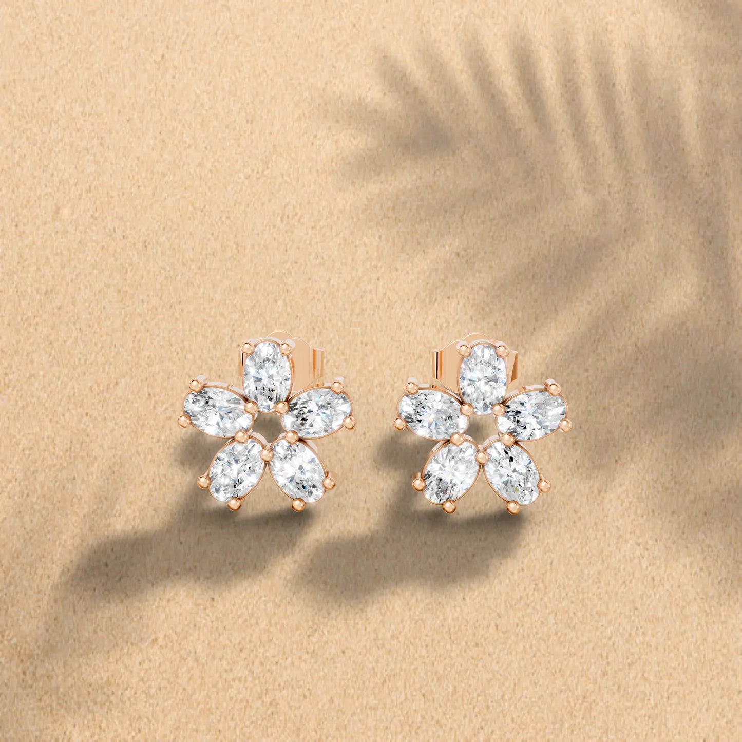 14K Gold Oval Cut Diamond Flower Cluster Stud Earring